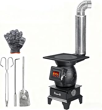 Indoor Wood-Burning Stove with Cast Iron Build, Compact Heating Unit for Cabins & Tents, Portable Cookstove and Furnace Premium Set 14.5" L 14.5" W 22.4" H 373757 cm