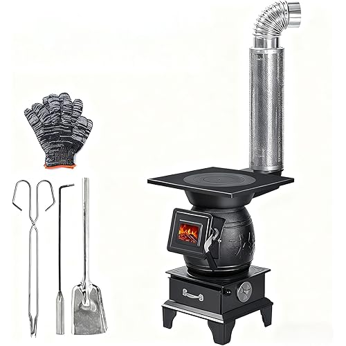 Indoor Wood-Burning Stove with Cast Iron Build, Compact Heating Unit for Cabins & Tents, Portable Cookstove and Furnace Premium Set 14.5" L × 14.5" W × 22.4" H (37×37×57 cm)