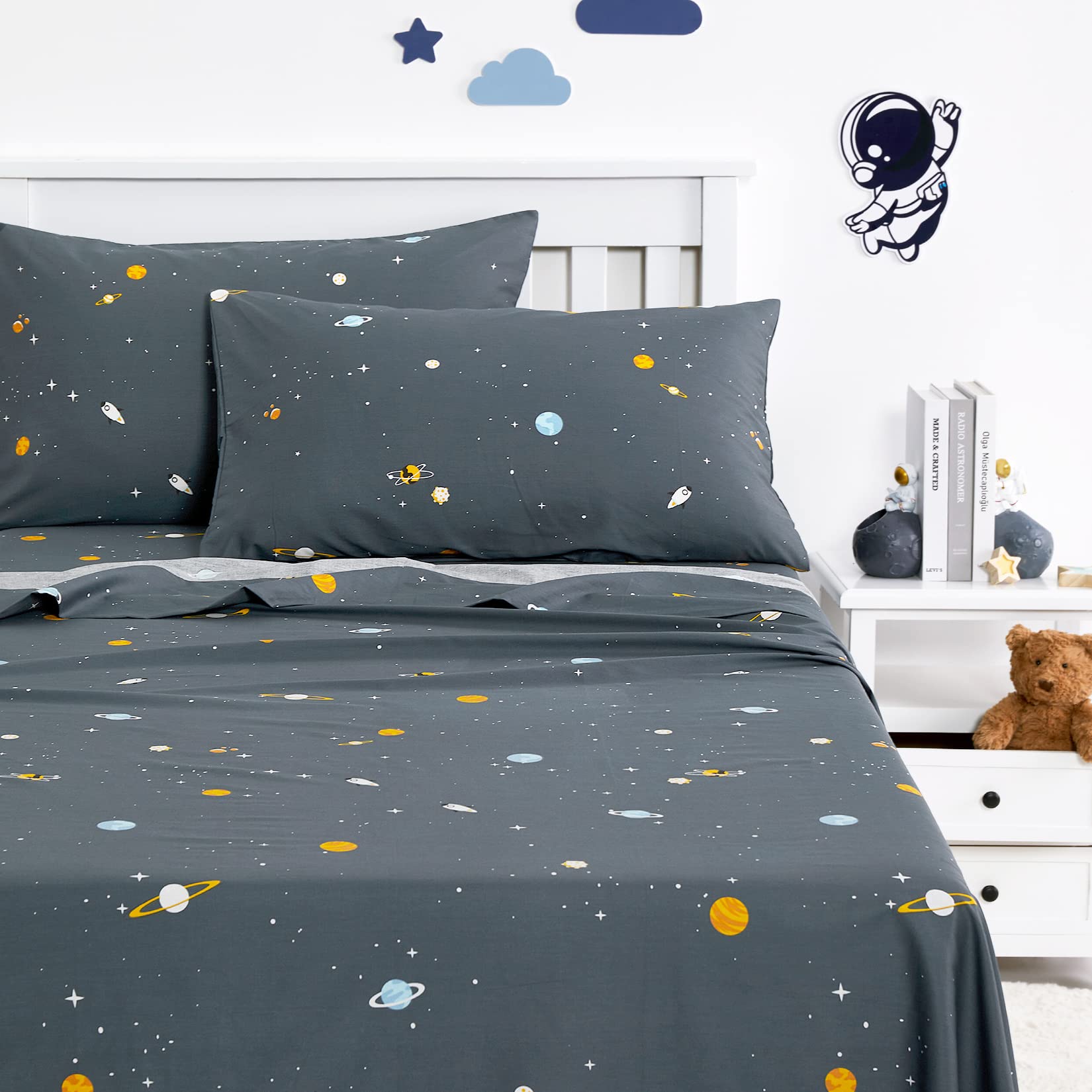 Wake In Cloud - Space Bed Sheets for Boys, 100% Cotton, 4-Piece Sheet Set Kids, Galaxy Celestial Stars Rockets Sun Moon Pattern Printed Bedding, Deep Pocket, Gray, Twin Size