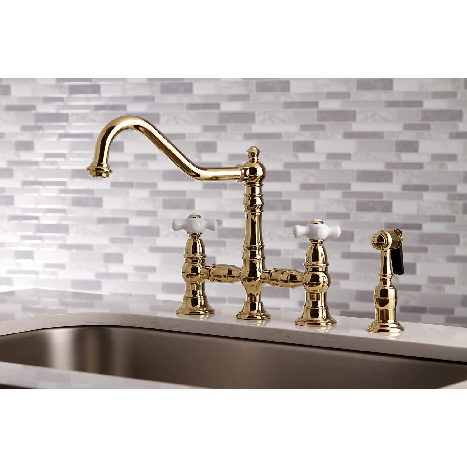 Kingston Brass KS3272PXBS Grifo de Cocina Puente de 8 Pulgadas con pulverizador, latón Pulido
