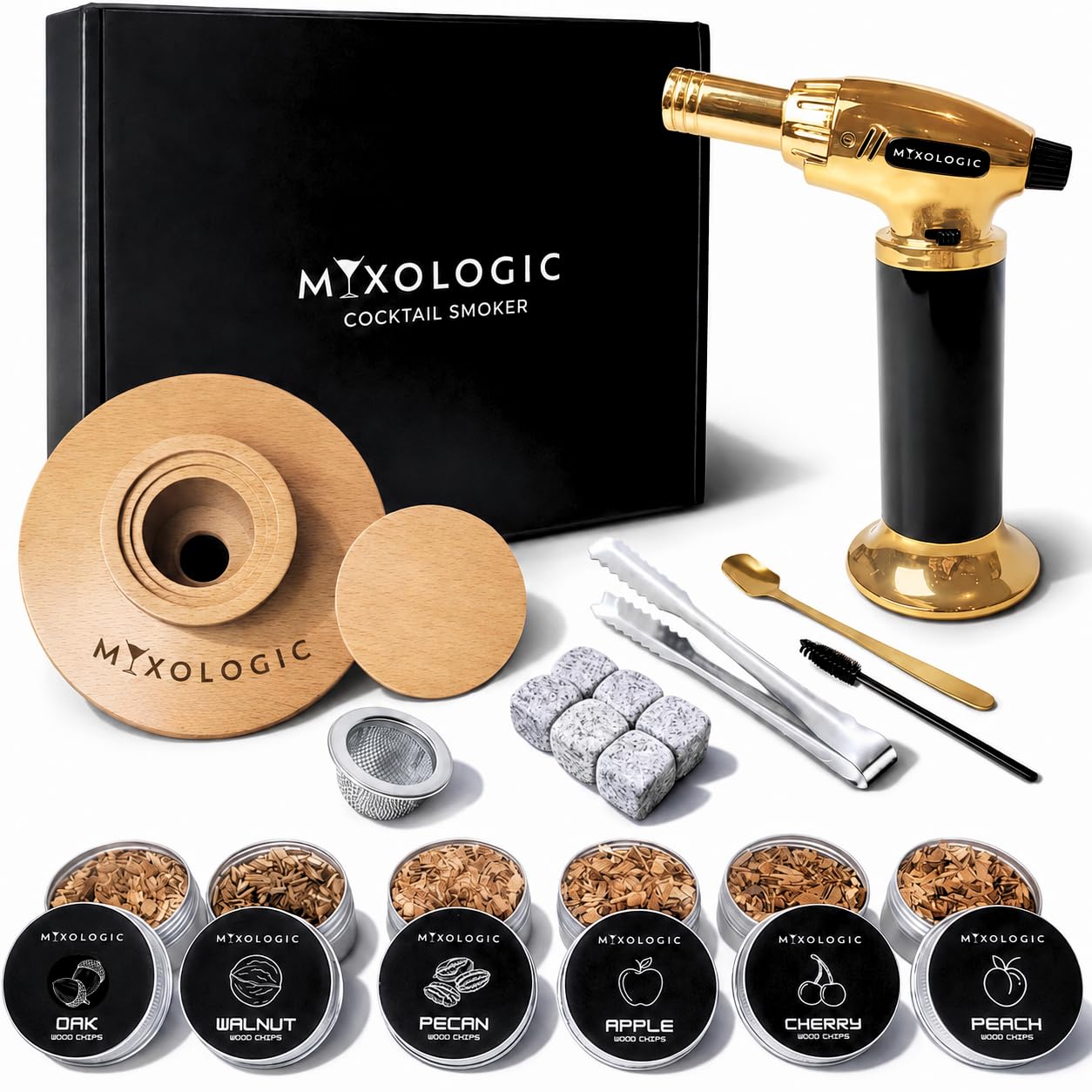 MIXOLOGIC Whiskey Smoker Kit with Torch, 6 Wood Chips, Ice Stones & Accessories, Old Fashioned Whisky Set, Cocktail Smoker for Drinks, Bourbon Infuser, Men Gift, Husband, Dad (No Butane)