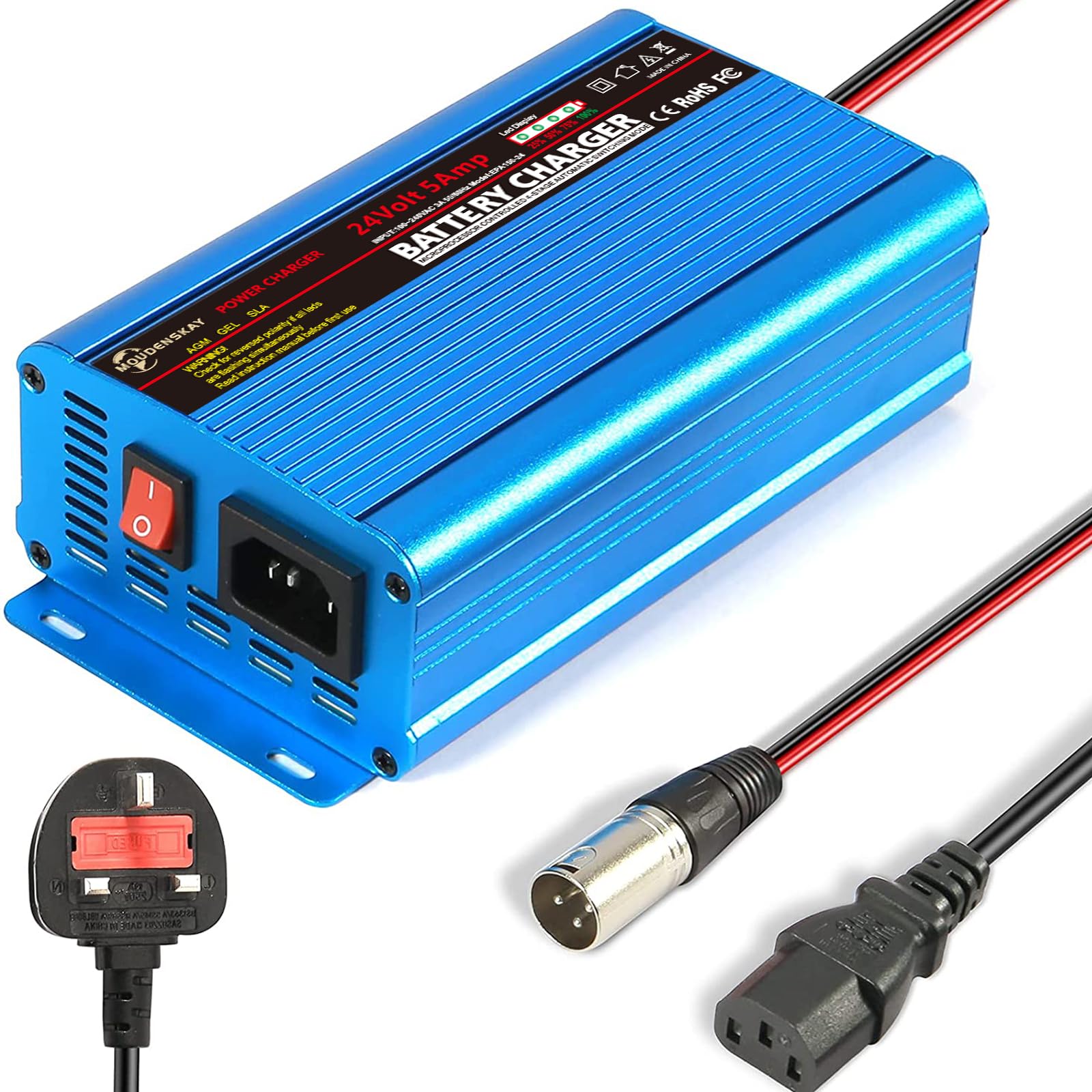 24V 5A Smart Automatic Battery Charger, Portable Battery Maintainer 24v battery charger for Car Boat Lawn Mower Marine Scooter Wheelchair Motorcycle eBike(Blue)