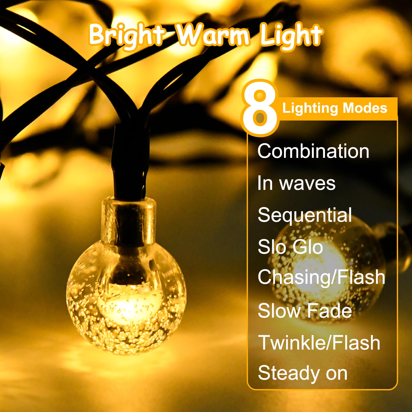 Catena di luci solari per esterni, resistente alle intemperie, 7 m, 50 LED, 8 modalità, luce solare per esterni, per balcone, campeggio, giardino, terrazza, matrimoni, feste, bianco caldo