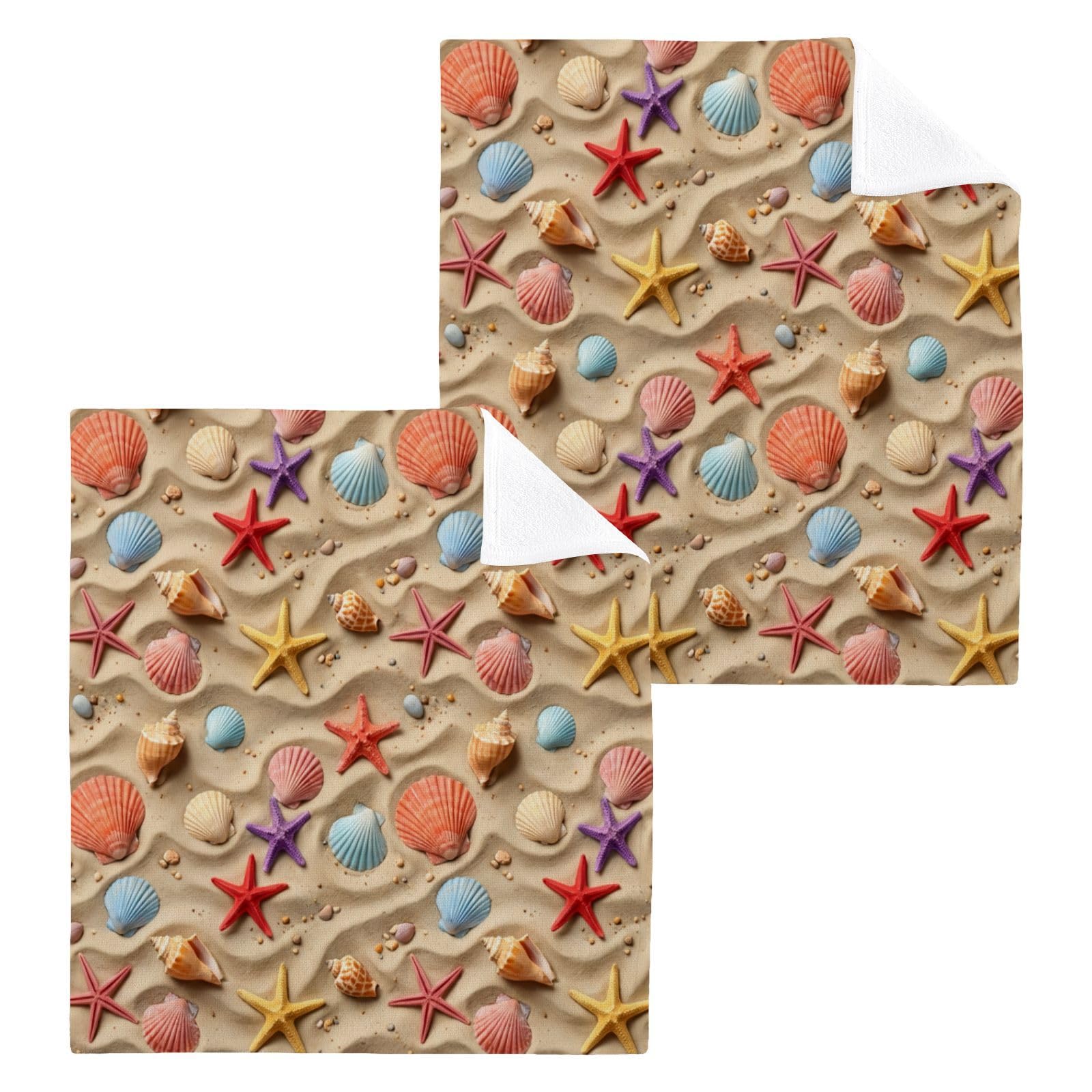 BOESI Beach Seashell Sand 12x12in Cotton Washcloth,Face Towel