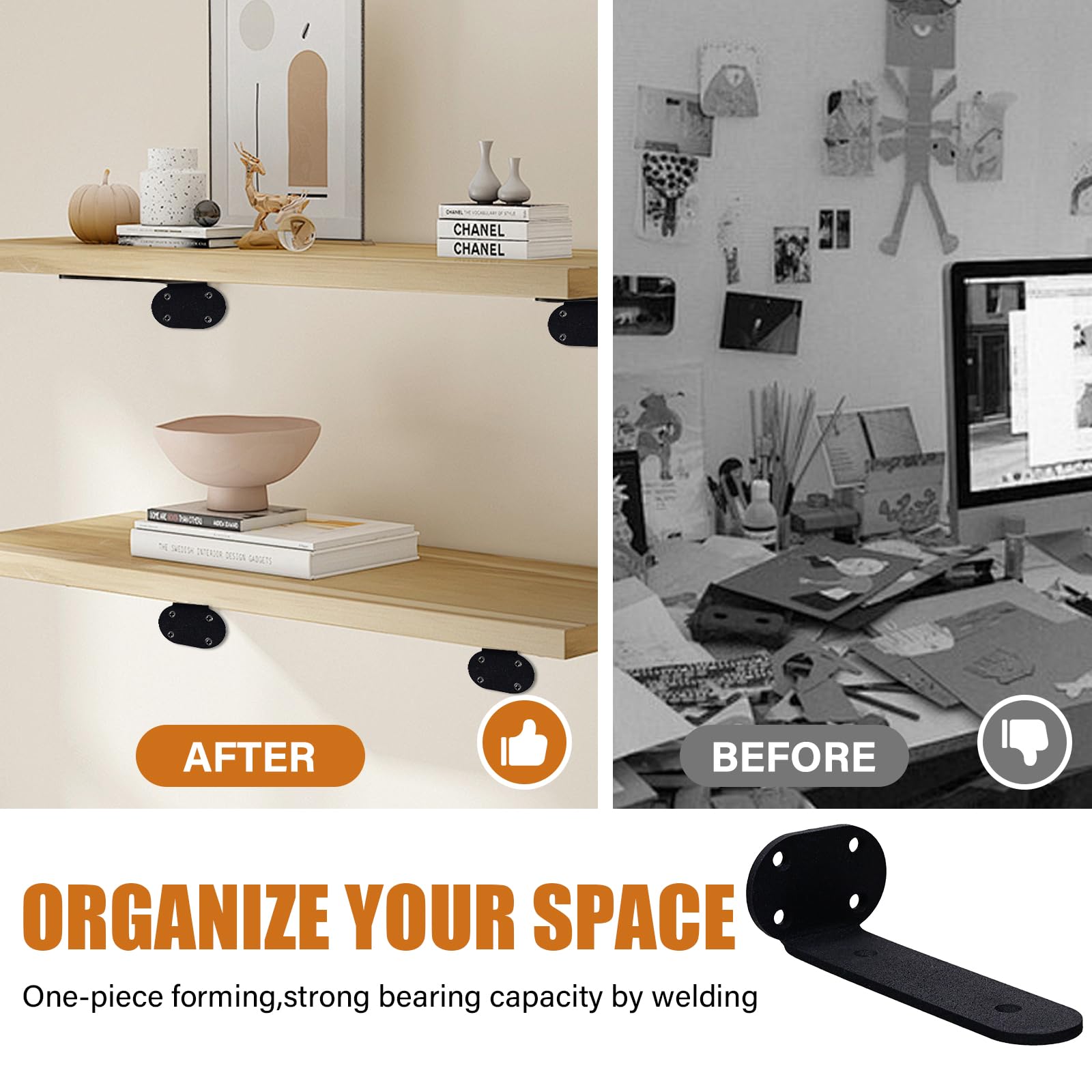 Fooaot 6 Pack Shelf Bracket 8 Inch Floating Shelf Brackets Black Wall Mounted Brackets for Shelves Heavy Duty Invisible L Shelves for Kitchen Home Office - Image 4