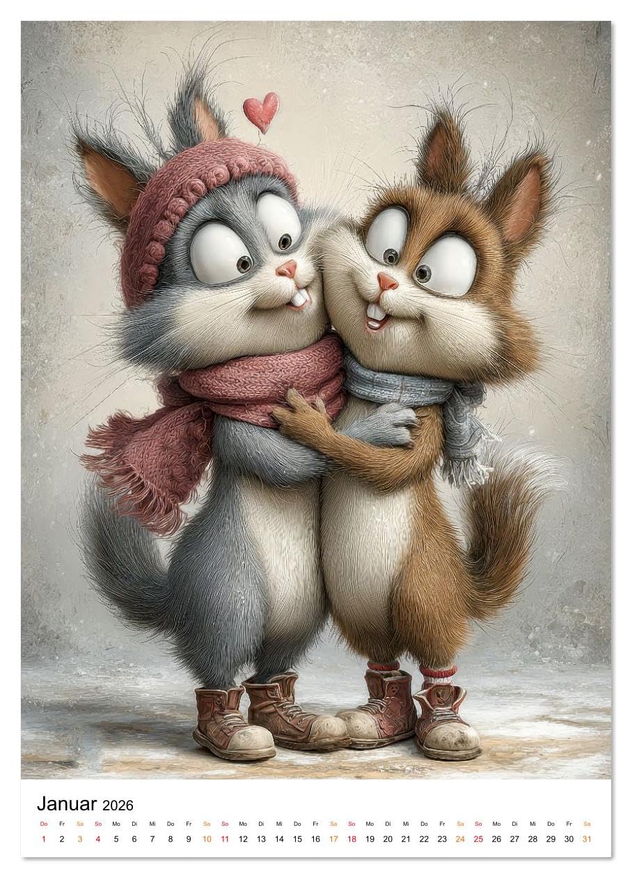 Schatz, ich liebe dich auch (hochwertiger Premium Wandkalender 2026 DIN A2 hoch), Kunstdruck in Hochglanz: Liebevoll illustrierte Tierpaare mit menschlichen Zügen. (CALVENDO Spass)
