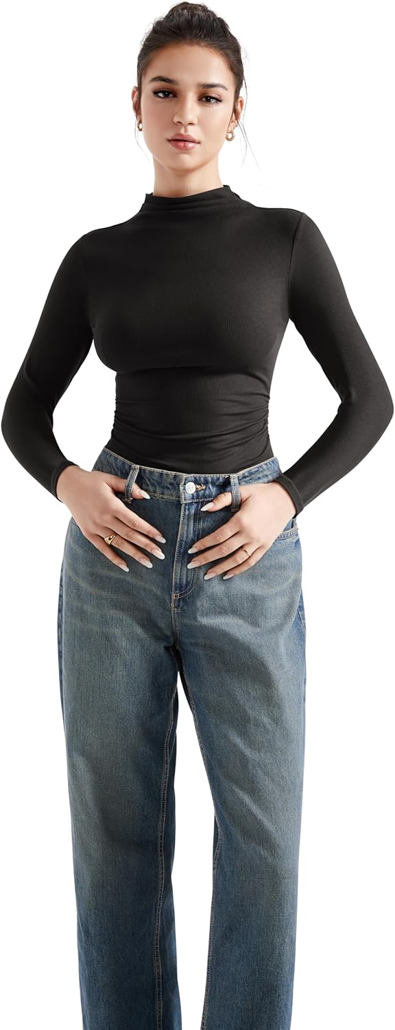 SUUKSESS Women Ribbed Modal Long Sleeve Casual Tops High Neck Going Out T Shirts - Image 4