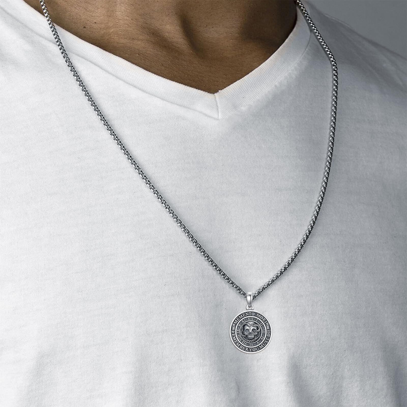 ROMANTICWORK Memento Mori Kette 925 Sterling Silber Skelett/Abalone Muschel/Gothic Punk Skull Memento Mori Anhänger Halskette Gothic Totenkopf Schmuck Geschenk für Herren Männer