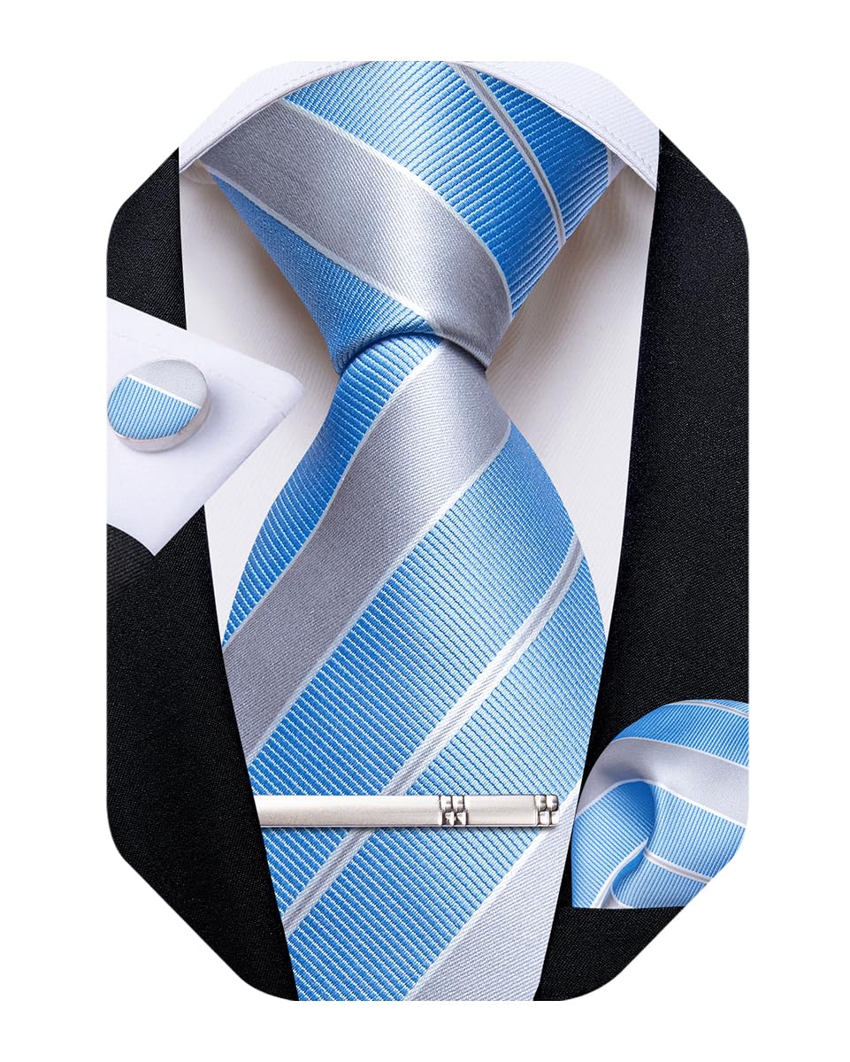 DiBanGu Mens Striped Tie Silk Woven Necktie and Pocket Square Cufflinks Tie Clip Set Wedding Business Formal Gift Tie for Men