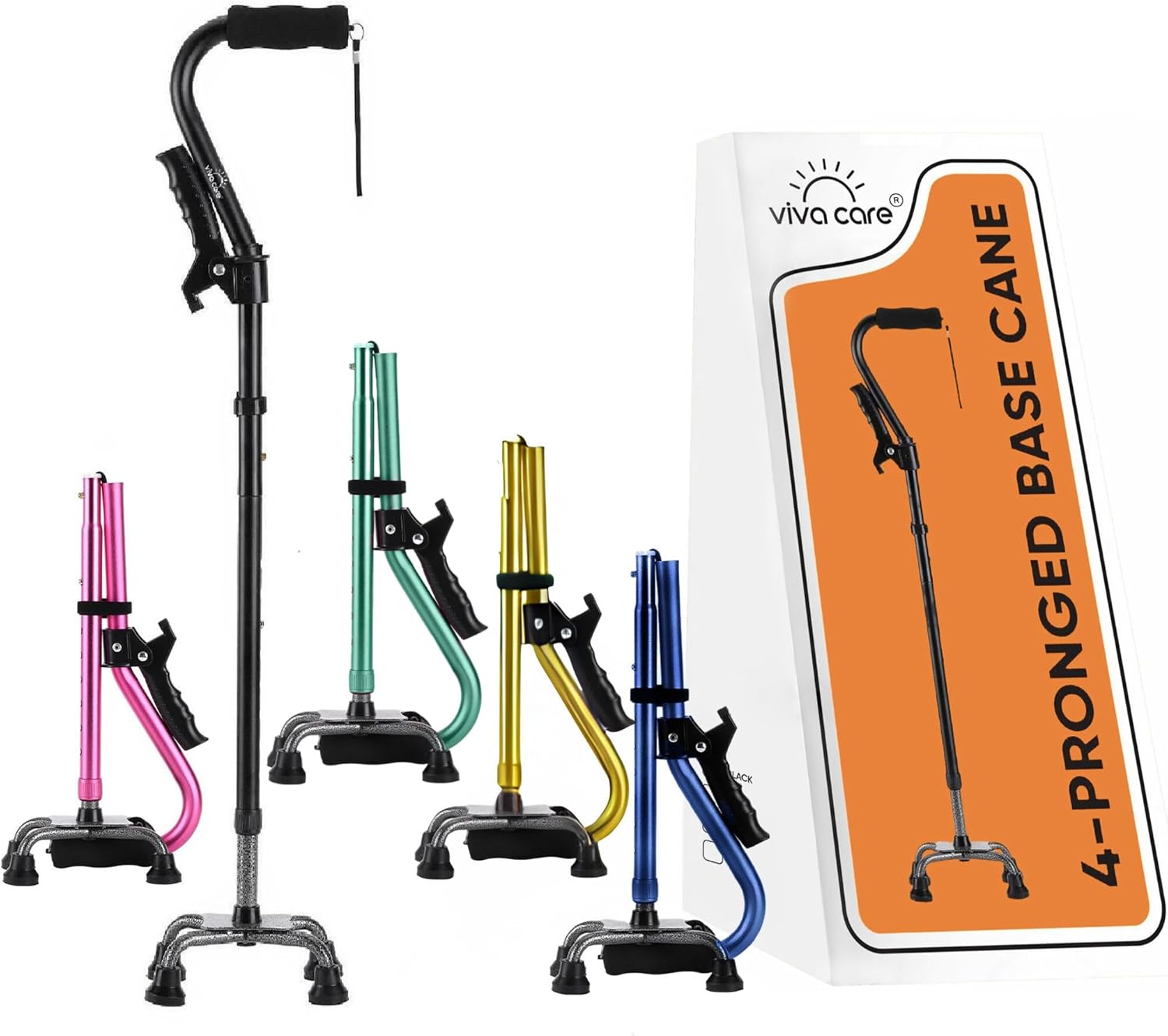 Walking Cane with 4 Prongs and Extra Side Handle – Adjustable, for Balance & Stability for Adults, Seniors, and Injured.