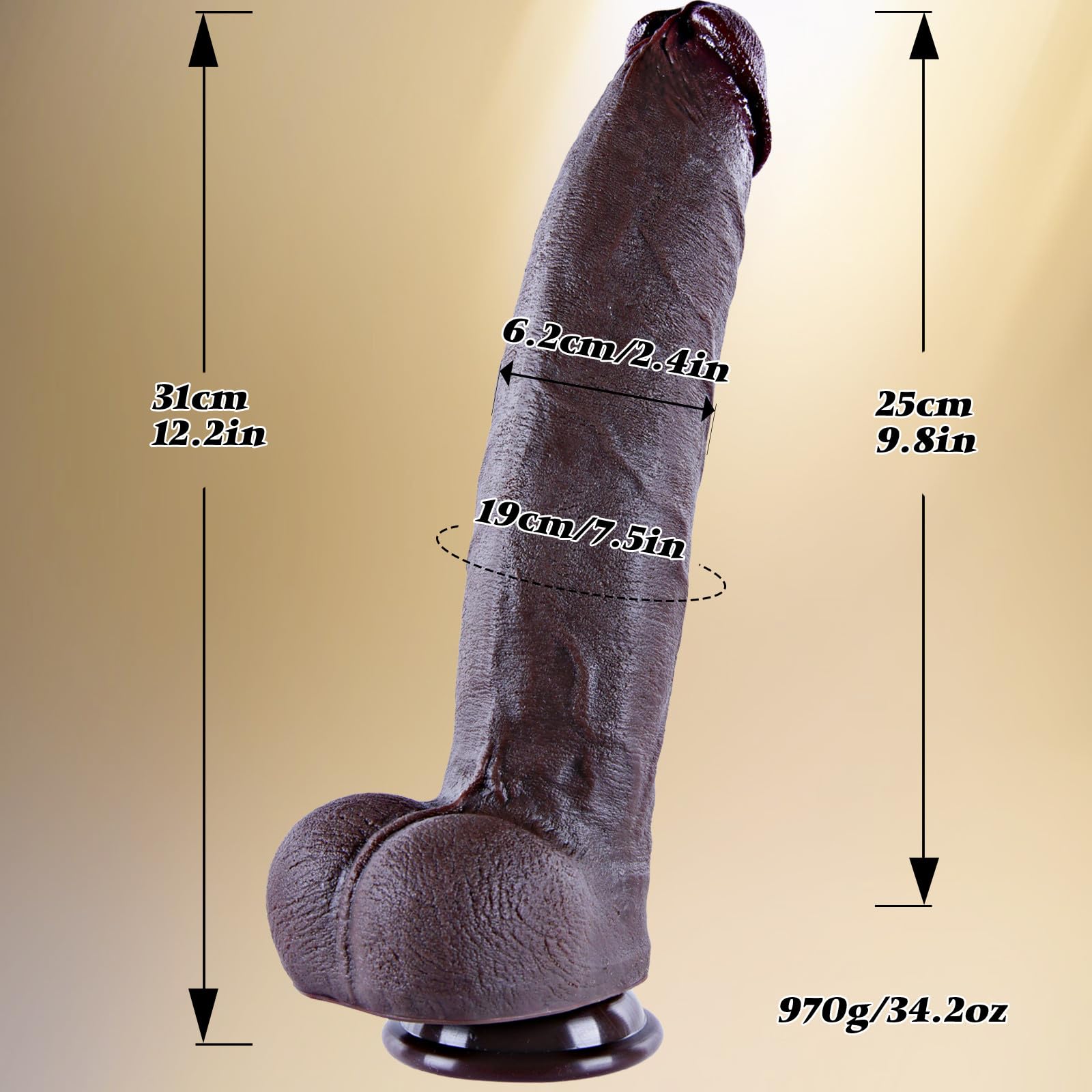 Dildo gigante nero realistico da 6,2 cm di diametro, dildo con ventosa in silicone spesso e oversize da 31 cm, sensazione realistica, plug anale prostatico curvo e allungato per appassionati esperti