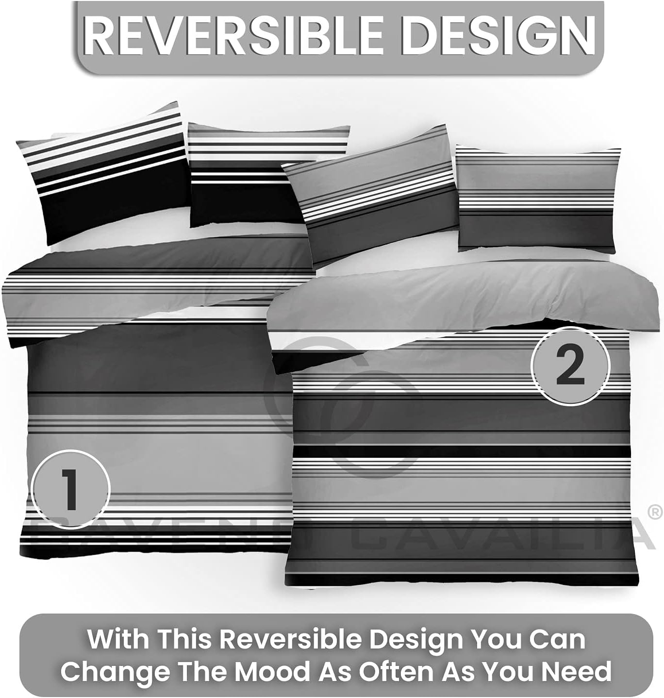 GC GAVENO CAVAILIA Luxury Striped Duvet Cover Double, Polycotton Bedding Sets With Pillowcases, Warm Bed Covers, Black/White (685012) - Image 3