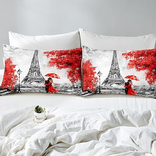 Miniatura 4 de DYcolor Romántico edredón estampado de la Torre Eiffel de París, juego de edredón con 1 edredón y 2 fundas de almohada para niños, niñas y mujeres