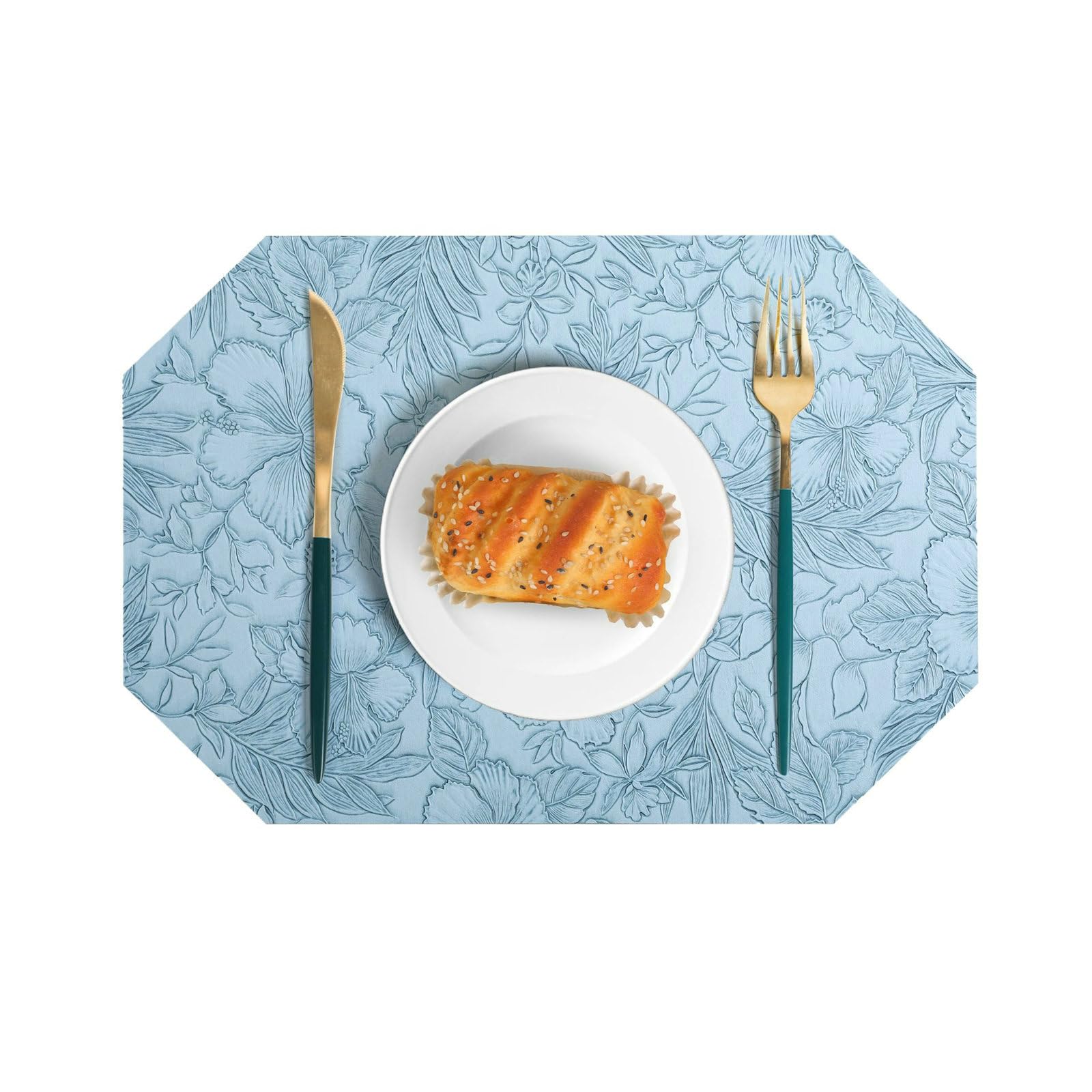 Tovagliette Americane Lavabili Ottagonale, Set di 4 Tovaglietta Cucina Tinta Unita Texture di Foglie Fiori Tovagliette Pelle Antiscivolo e Resistente al Calore, Blu Cielo, 30x43CM