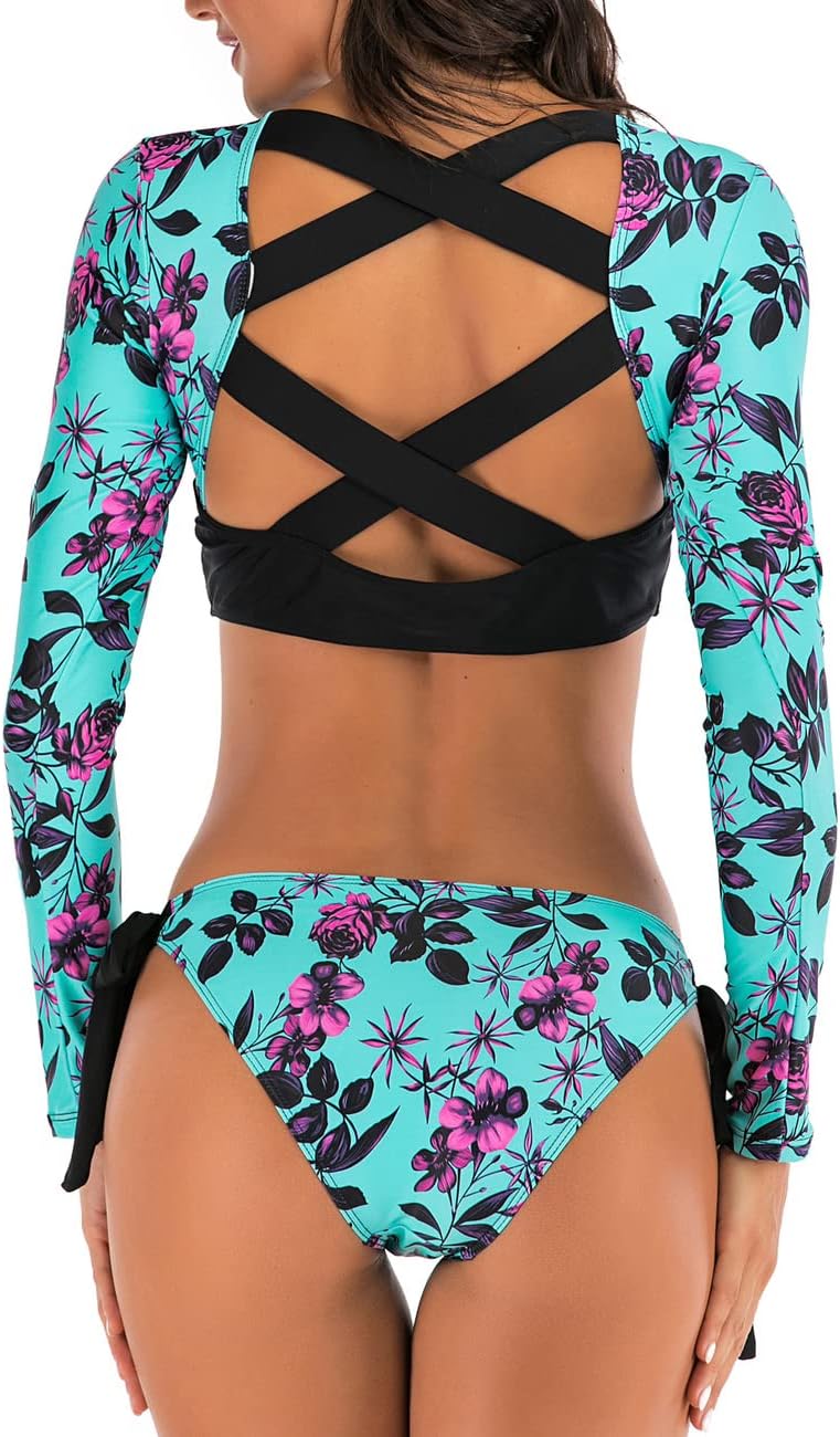 JadeRich Women's Fashion Pattern Long Sleeve Tankini Sets UPF 50+ Rash Guard Swimsuit Sun Block Swimwear - Image 6