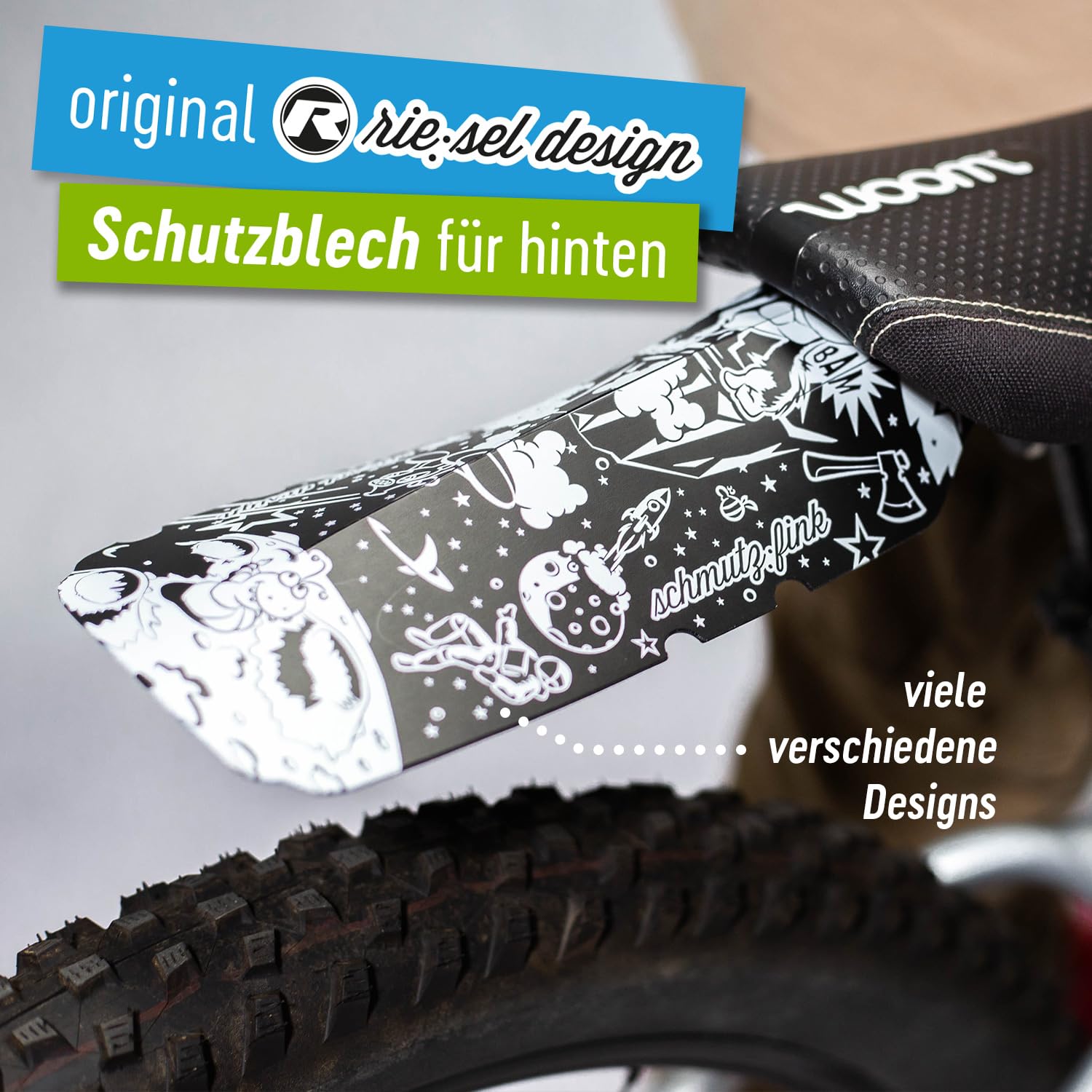 Riesel Design® - Set bestehend aus Schutzblechen für vorn und hinten für Kinderfahrrad und Rahmenschutz Folie - ab 20-26 Zoll (Youngstar Adventure Set)