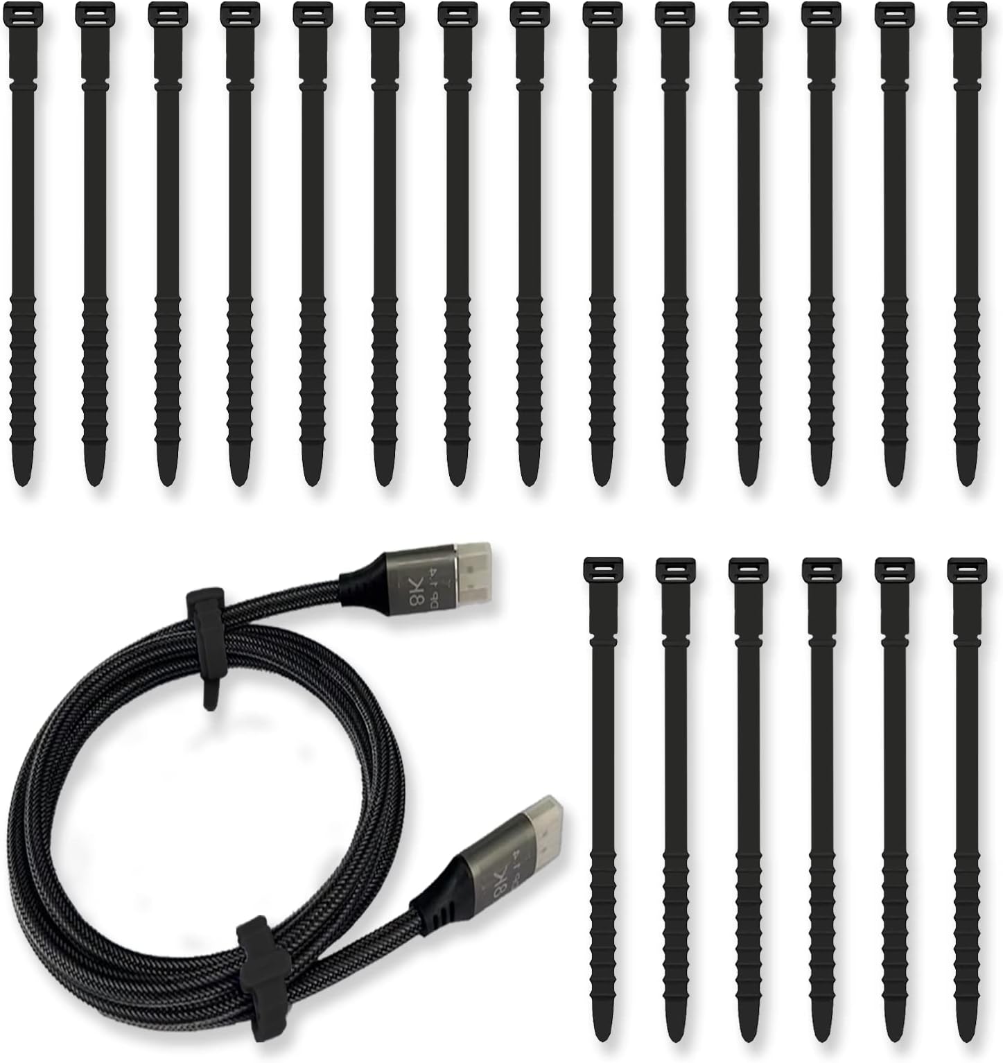 Silicone Cable Ties 7inch Reusable Cable Ties, 20pcs Reusable Zip Ties Elastic Silicone Cord Organizer Straps Ties for Charging Cables USB Cables Earphones Cable Audio(18cm, 20pcs, Black)