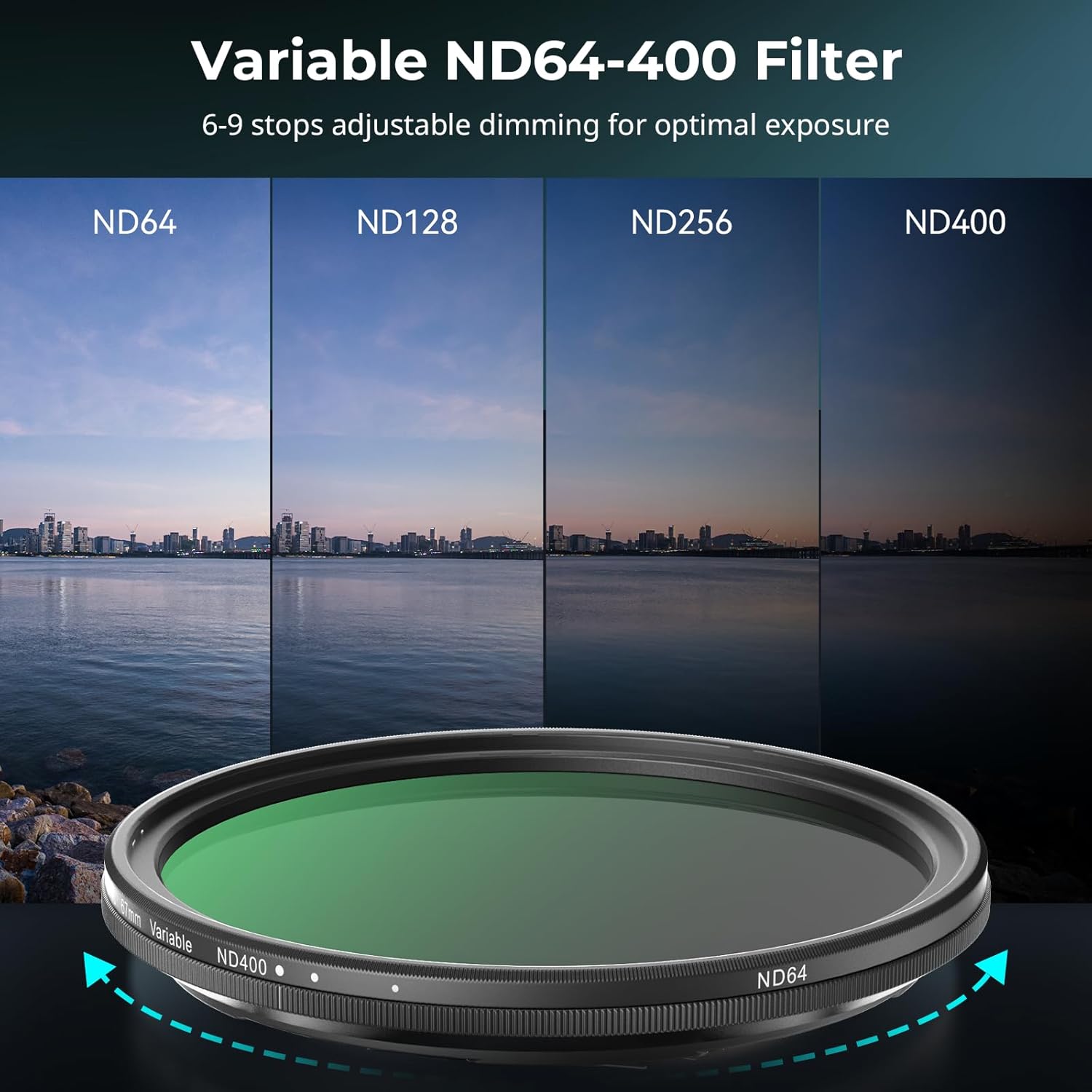 Visual representation of variable ND filter stops from ND64 to ND400