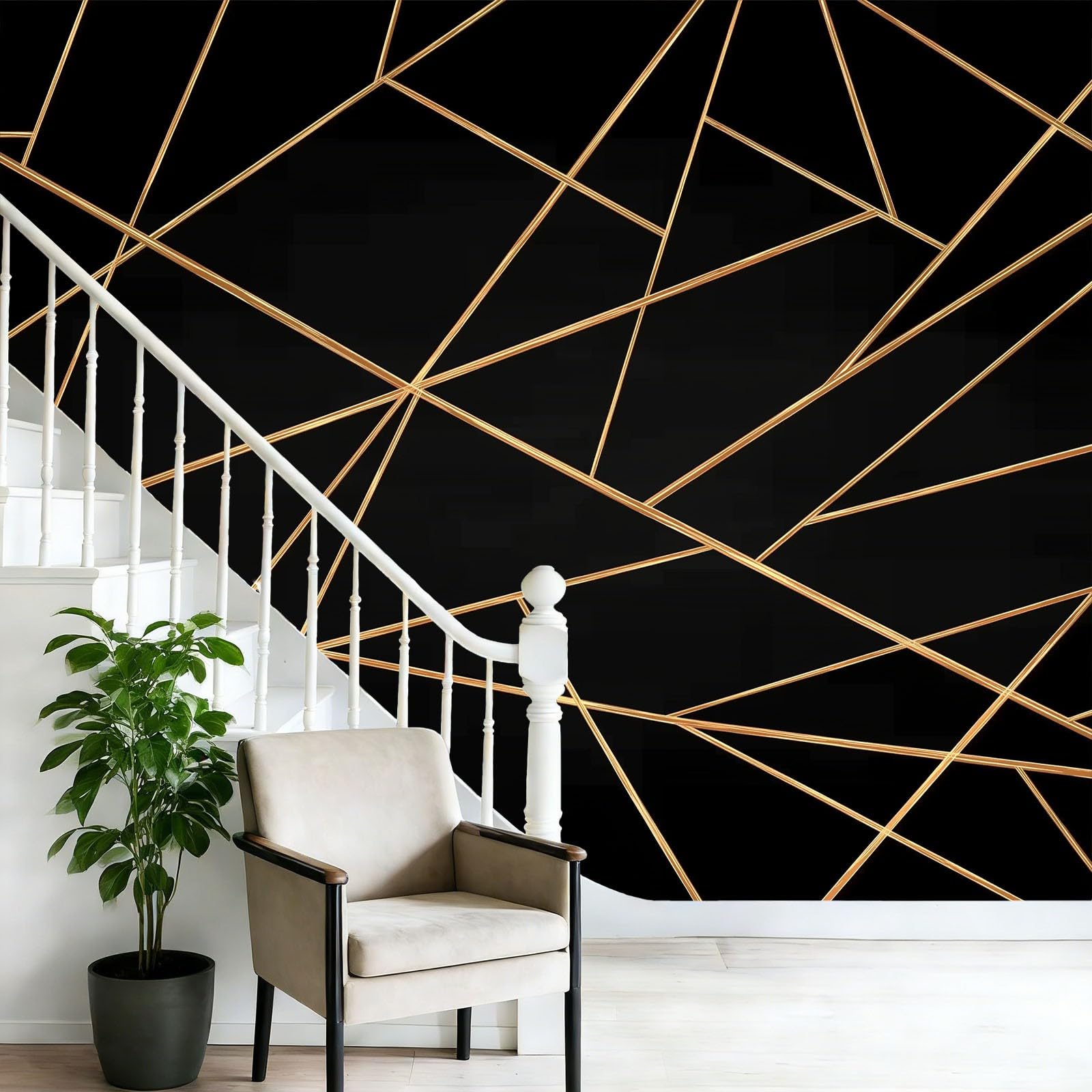 Tapeta 3D z włókniny nowoczesne geometryczne linie 400 x 280 cm tapeta dekoracja ścienna do salonu sypialni czarno-złoty