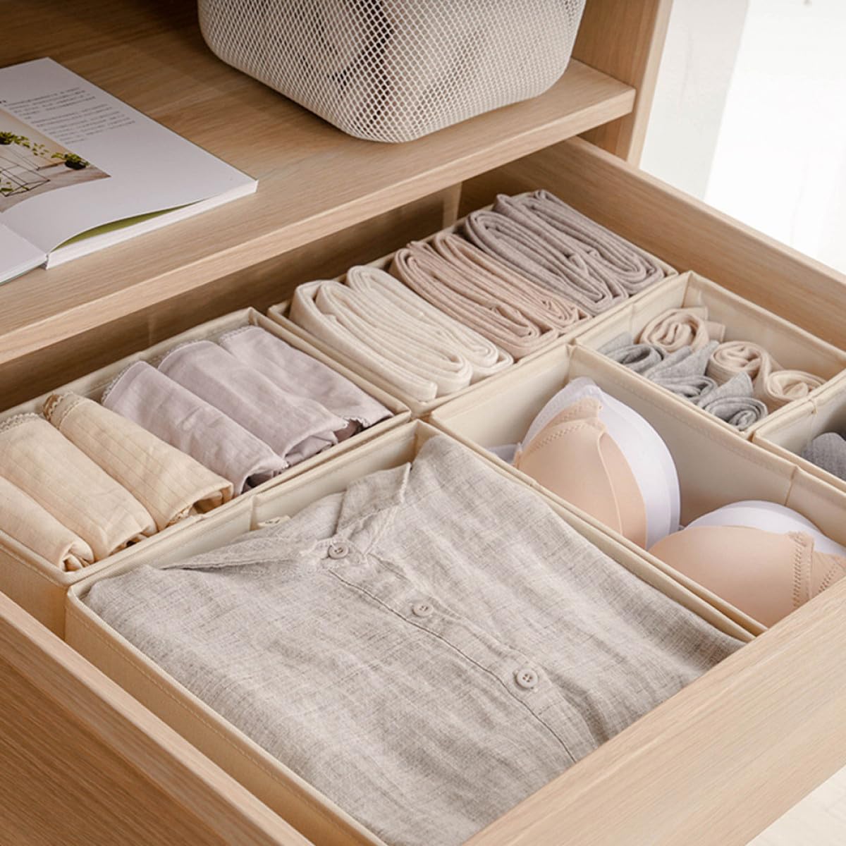 Generico Set 3 Pezzi Organizer per Cassetti Beige per Calzini e Biancheria Intima Scomparti per Cassetti e Stanze di Stoccaggio