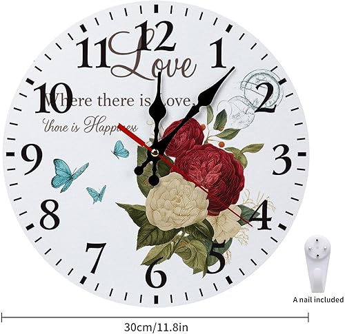 Miniatura 2 de Country Retro Red Roses Flower Wall Clocks Silent Non Ticking Wooden Clock Battery Operated Round Decor for Kitchen Livingroom Bedroom 12 Inch