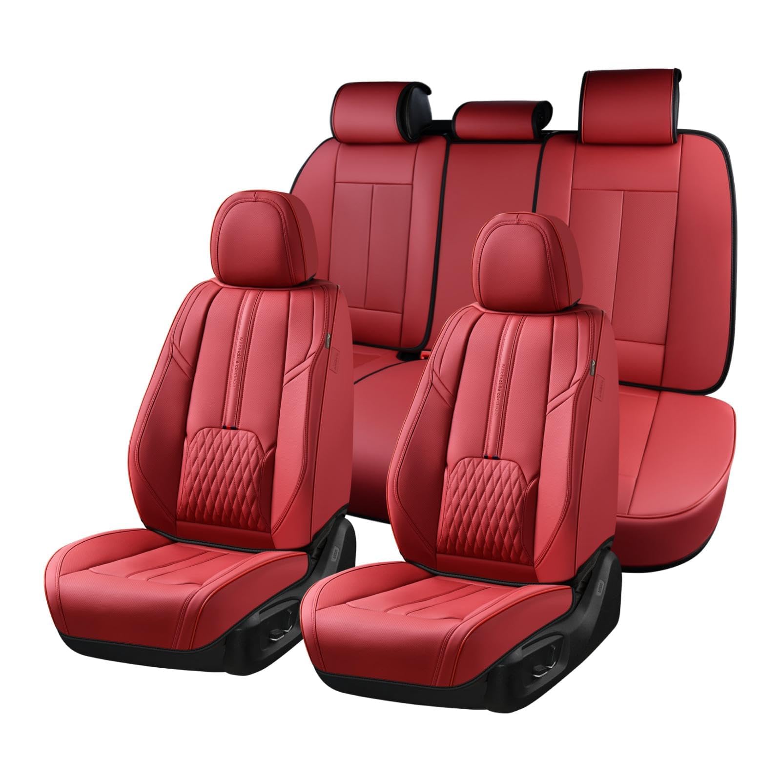 Coverado Front and Back Seat Covers, Red Seat Cover for Cars, Luxury Leather Seat Cover with Lumbar Support, Waterproof Car Seat Cushions Car Seat Protectors Universal Fit for Most Cars SUV Trucks