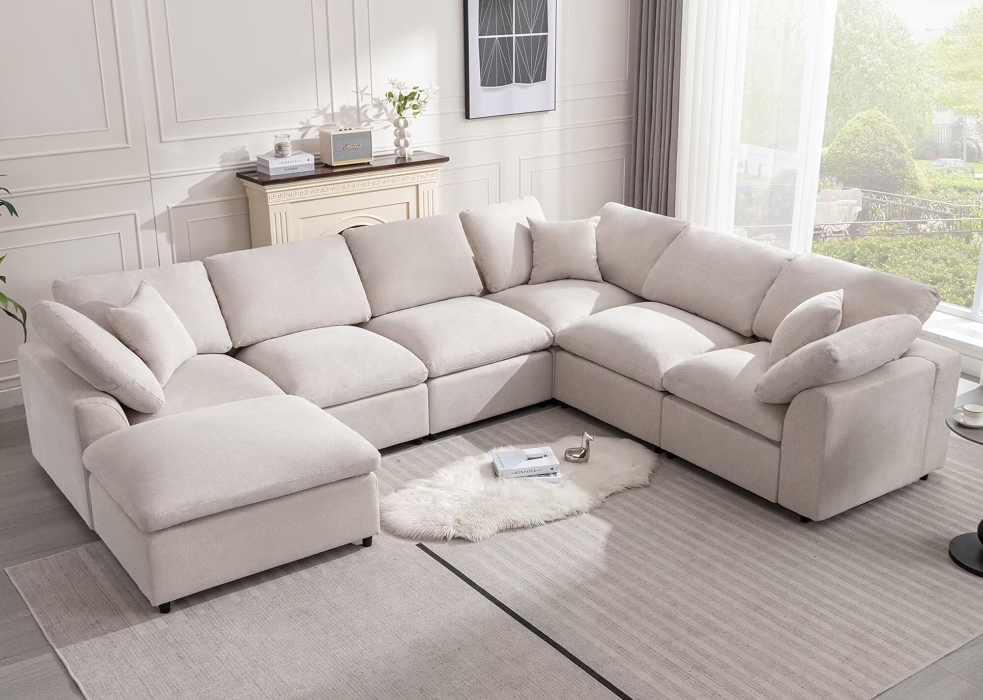 Cloud Couch Modular Sectional Sofa Modern Oversized Couches with Ottoman 7 Seater L-Shaped Sofas Comfy Couches for Living Room Spacious Space Apartment Lounge, Cream