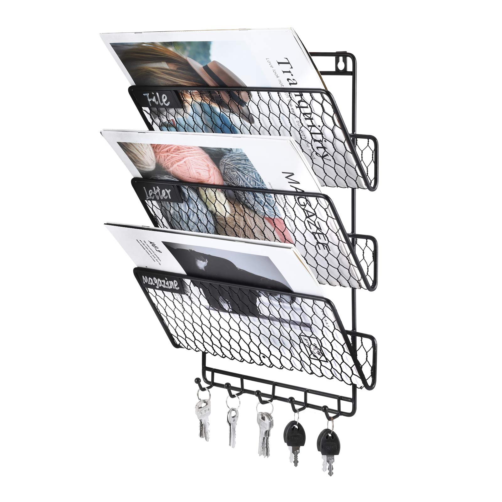 PAG Hanging Wall File Holder Organizer Metal Chicken Wire Wall Mount Document Rack Mail Letter Sorter with 5 Hooks, 3-Tier, Black