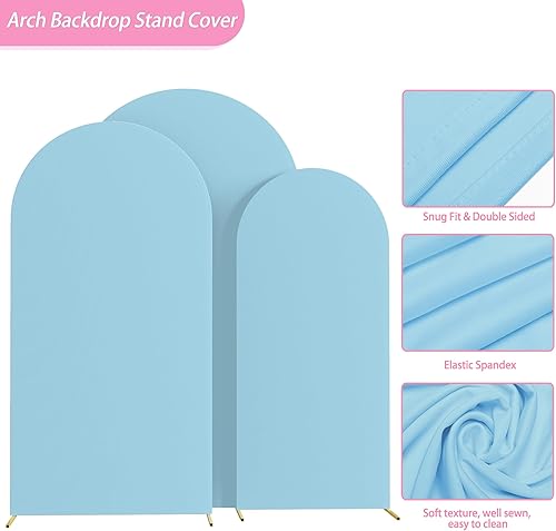 Miniatura 3 de Fomcet Juego de 3 fundas para arco de boda de 6 pies, 6.6 pies, 7.2 pies, color azul polvoriento, de 2 caras, parte superior redonda, de elastano,
