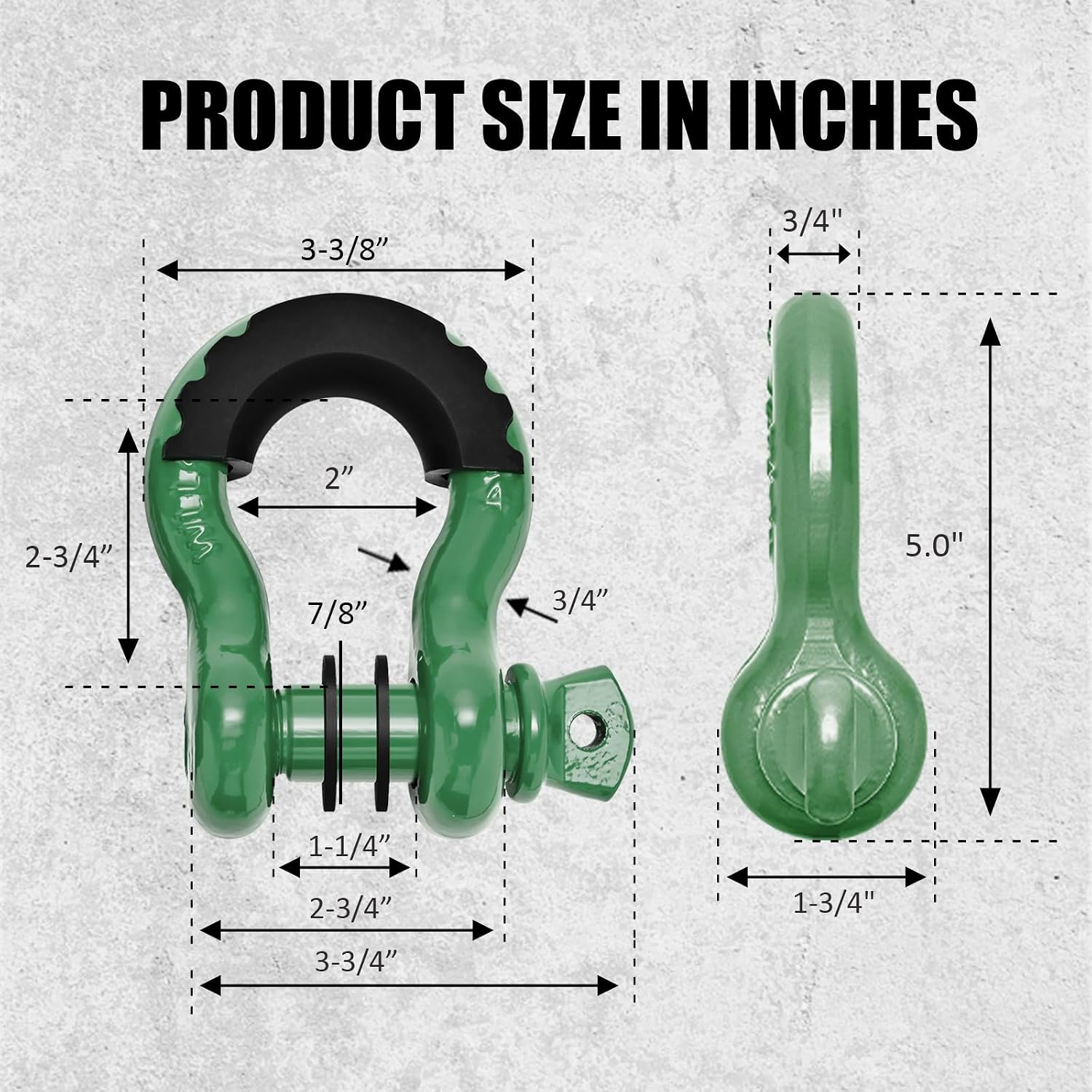 D Ring Shackle 3/4 inch, 41,887 lbs Break Strength, 7/8 inch Screw Pin, Shackle Isolator Washers, 2 Pack, Frosted Black, for Tow Strap, Winch, Off Road Vehicle Recovery (Green)