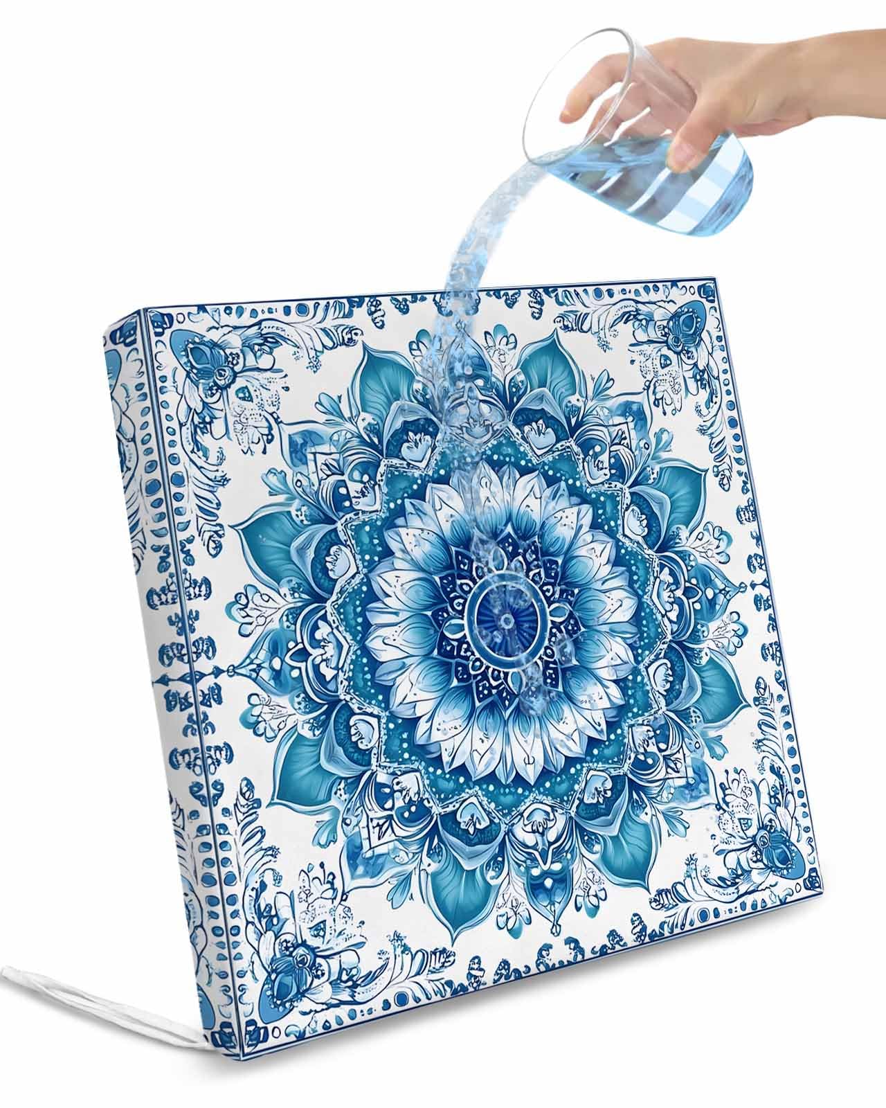 2 Pack White Blue Boho Waterproof Cushion Covers with Ties, Outdoor Patio Chaise Lounge Chair Seat Cushion Slip Covers Replacement(Only Cover) Modern Floral Abstract Art Ethnic Tribal 22