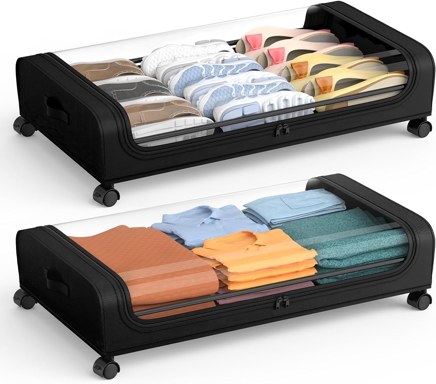 Under Bed Storage with Wheels, Under Bed Shoe Storage Organizer with PVC Clear Window, Lids and Label,Dustproof Organizer for Clothes & Shoes(2 Pack ) (European)