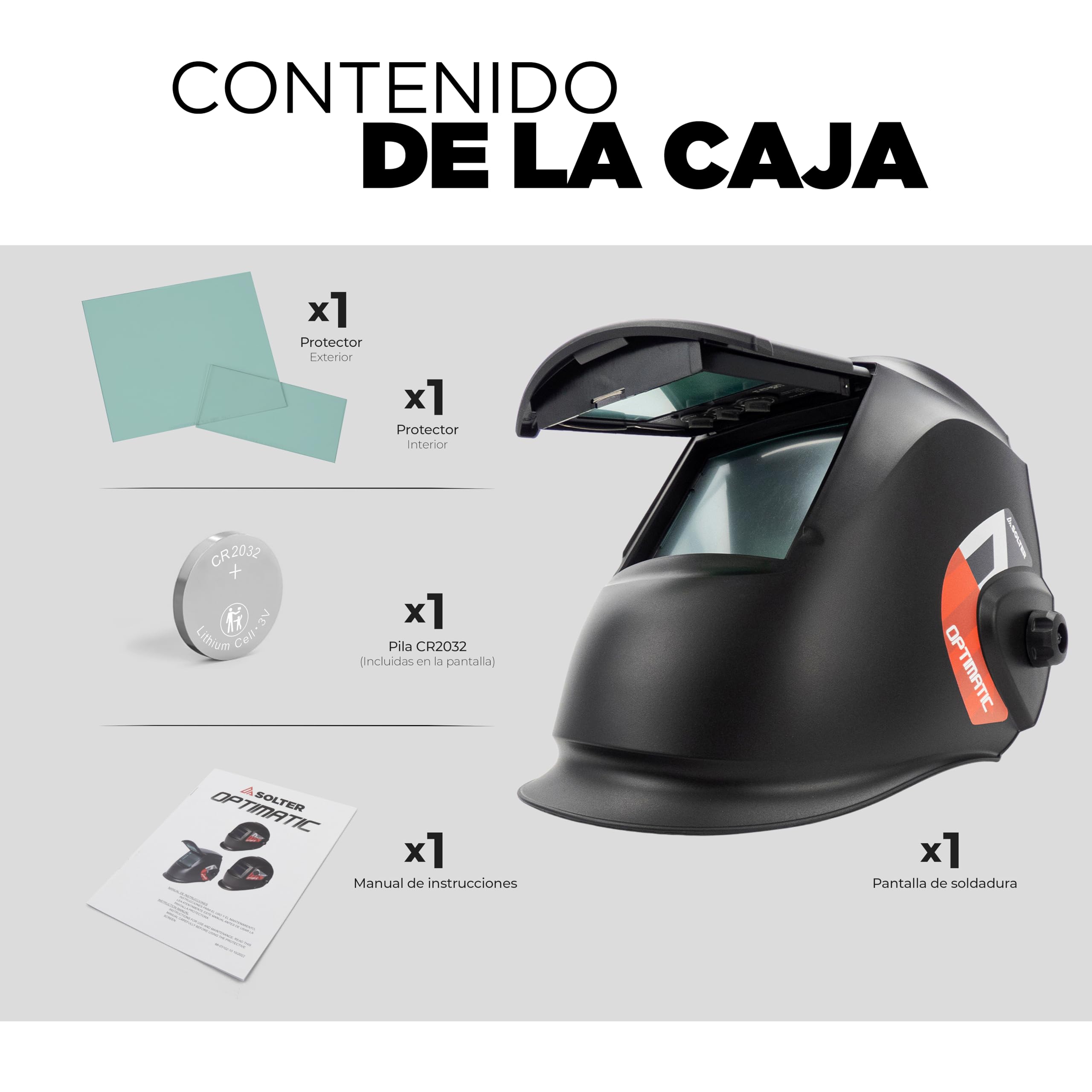 Pantalla de Soldadura Electrónica OPTIMATIC 150 FLIP-UP, Careta Ajustable con Oscurecimiento DIN 9-13, Sistema Abatible para Soldar y Amolado, Máscara Profesional, Filtro 1/1/1/2, MMA, TIG, MIG.