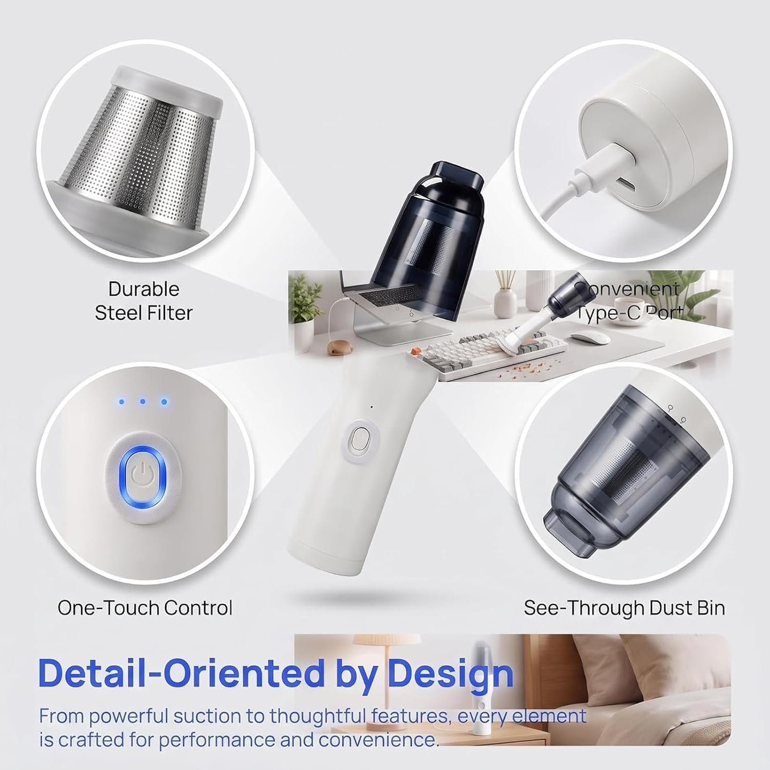 Aspiradora De Posos De Café, Mini Aspiradora De Escritorio Inalámbrica, Herramienta De Limpieza Portátil De 22000 Pa Con Doble Succión, 3 Boquillas, Depósito De Polvo De 200 Ml Y Carga Usb-c Para
