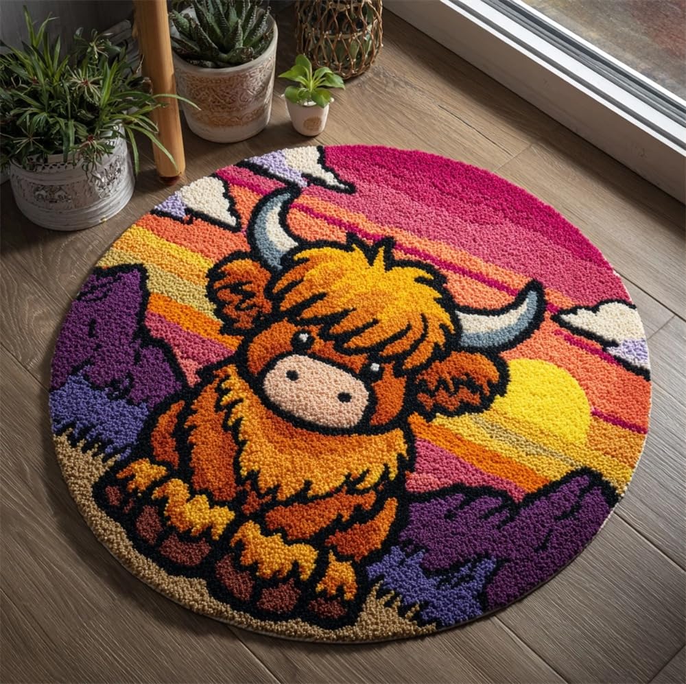 kitphoenix Latch Hook Rug Kit, Sunset Highland Cow Cub