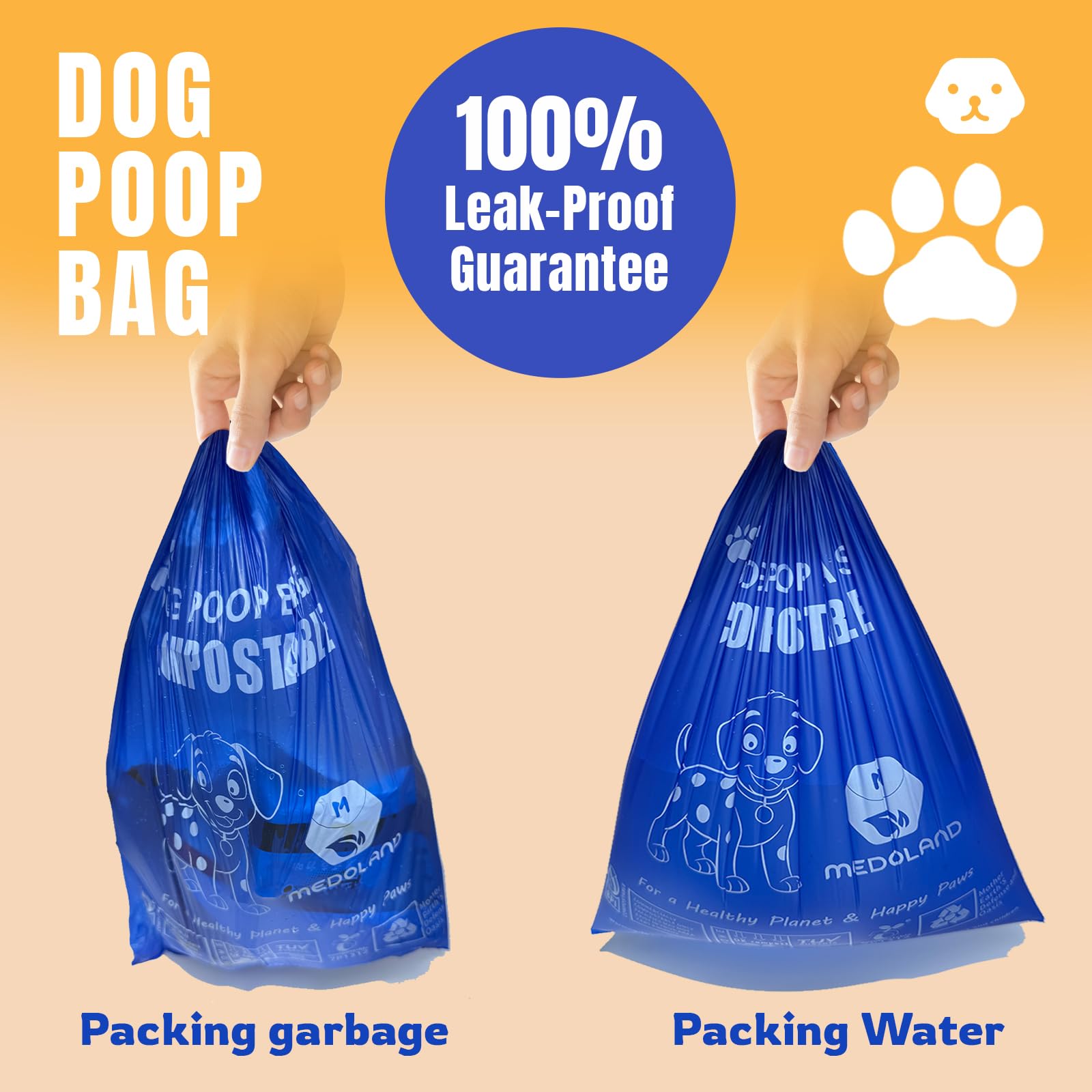Sacchetti compostabili per escrementi di cani, certificati BPI, biodegradabili, a prova di perdite, design ecologico (30 rotoli e 450 sacchetti)