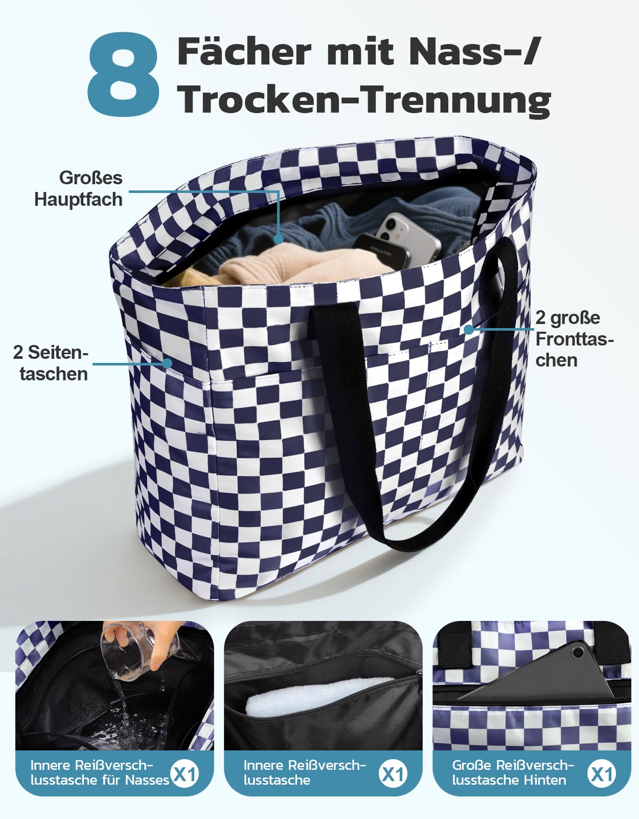 ISEYOU Strandtasche XXL Familie mit Kühltasche, Groß Strandtasche mit Reißverschluss Wasserdicht Sanddicht, Handtasche Damen 49L, Faltbar Badetasche für Reisen Fitnessstudio Picknick