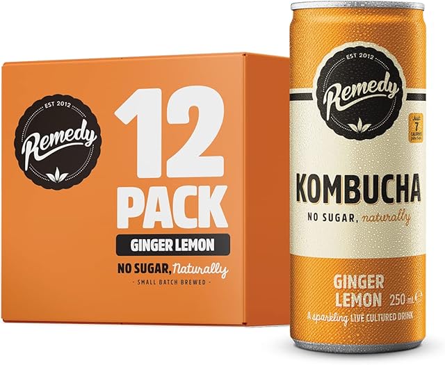Remedy Raw Kombucha Tea - Sparkling Live Cultured Drink - Sugar Free Ginger Lemon - 250ml Can (12 Pack)