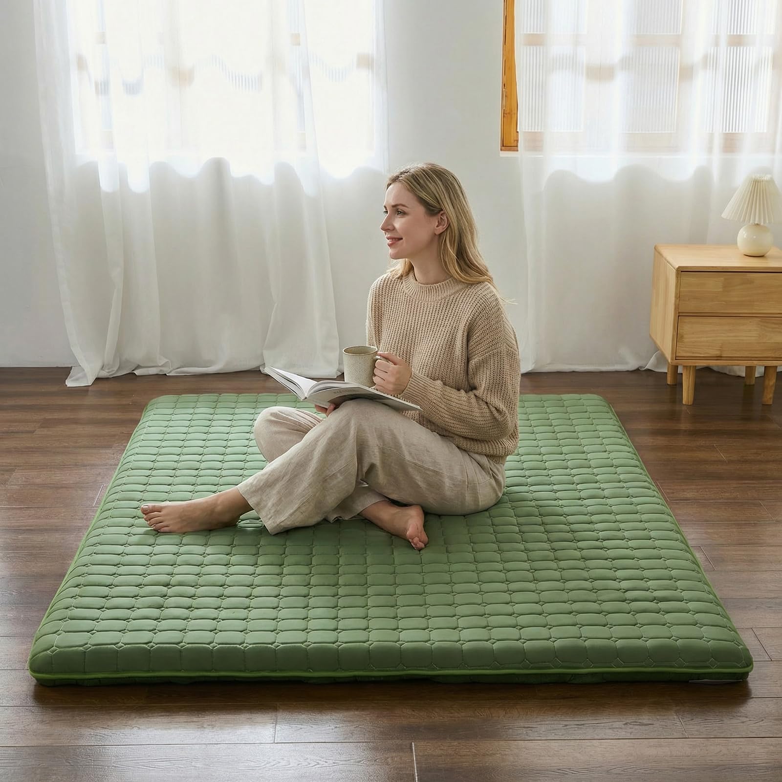 Zelladorra Japanese Futon Mattress, Anti Slip Tatami Mat Suitable for Guest Room, Green Queen