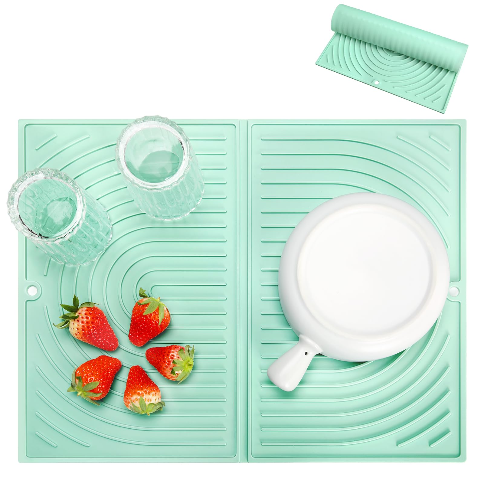 Oamwrae Abtropfmatte Geschirr aus Silikon, Faltbare Geschirrmatte, Hitzebeständig, Rutschfest Dish Drying Mat für die Küche (43 × 34 cm, Grün)