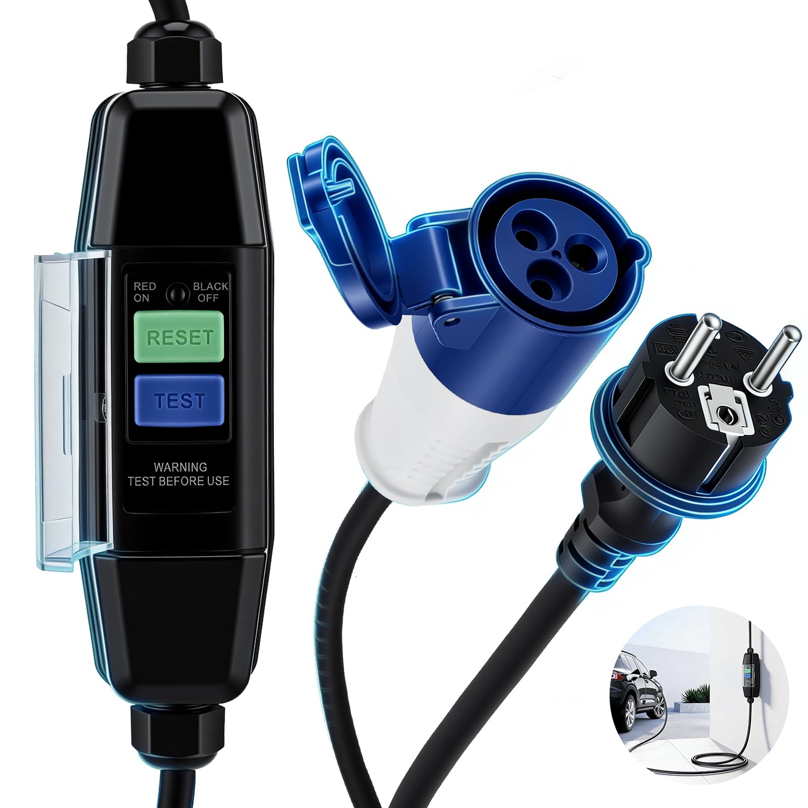 Cavo Adattatore 150 cm Schuko a CEE con Interruttore Differenziale Integrato – Prolunga CEE, Prolunga Elettrica di Potenza, Cavo Elettrico per Campeggio & Cavo CEE con Presa FI per Camper – IP44/IP55