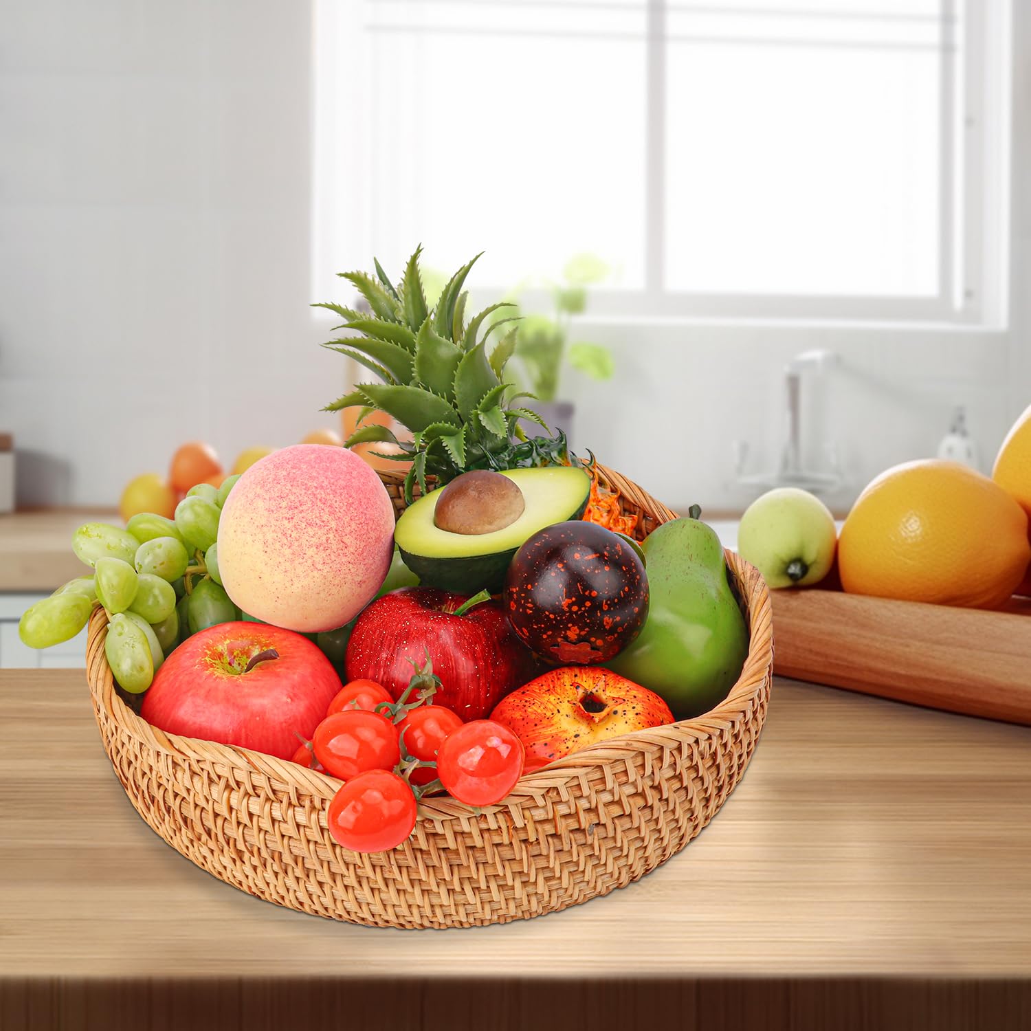 Cestas de pan de ratán hechas a mano, auténticas cestas de servir tejidas a mano para cocina, cuencos redondos de almacenamiento de frutas, elegante organizador de encimera de cocina para