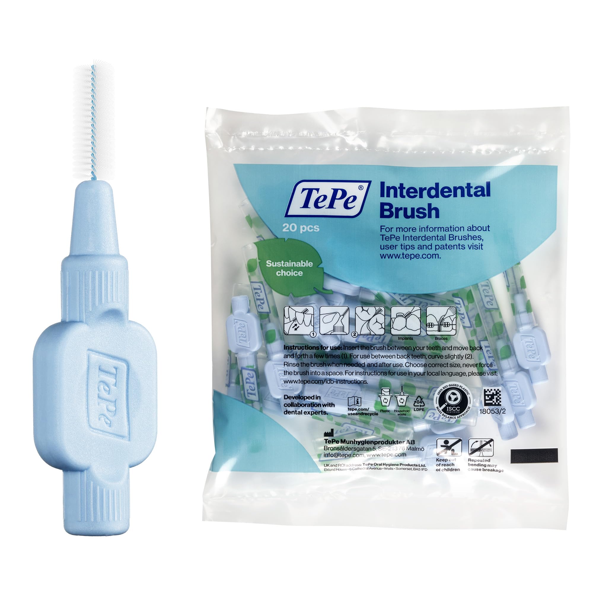 TePe Interdental Brush, Extra Soft, Blue, 0.6mm/ISO 3, 20pcs, Plaque Removal, efficient Clean Between The Teeth, Tooth Floss, for Small Gaps
