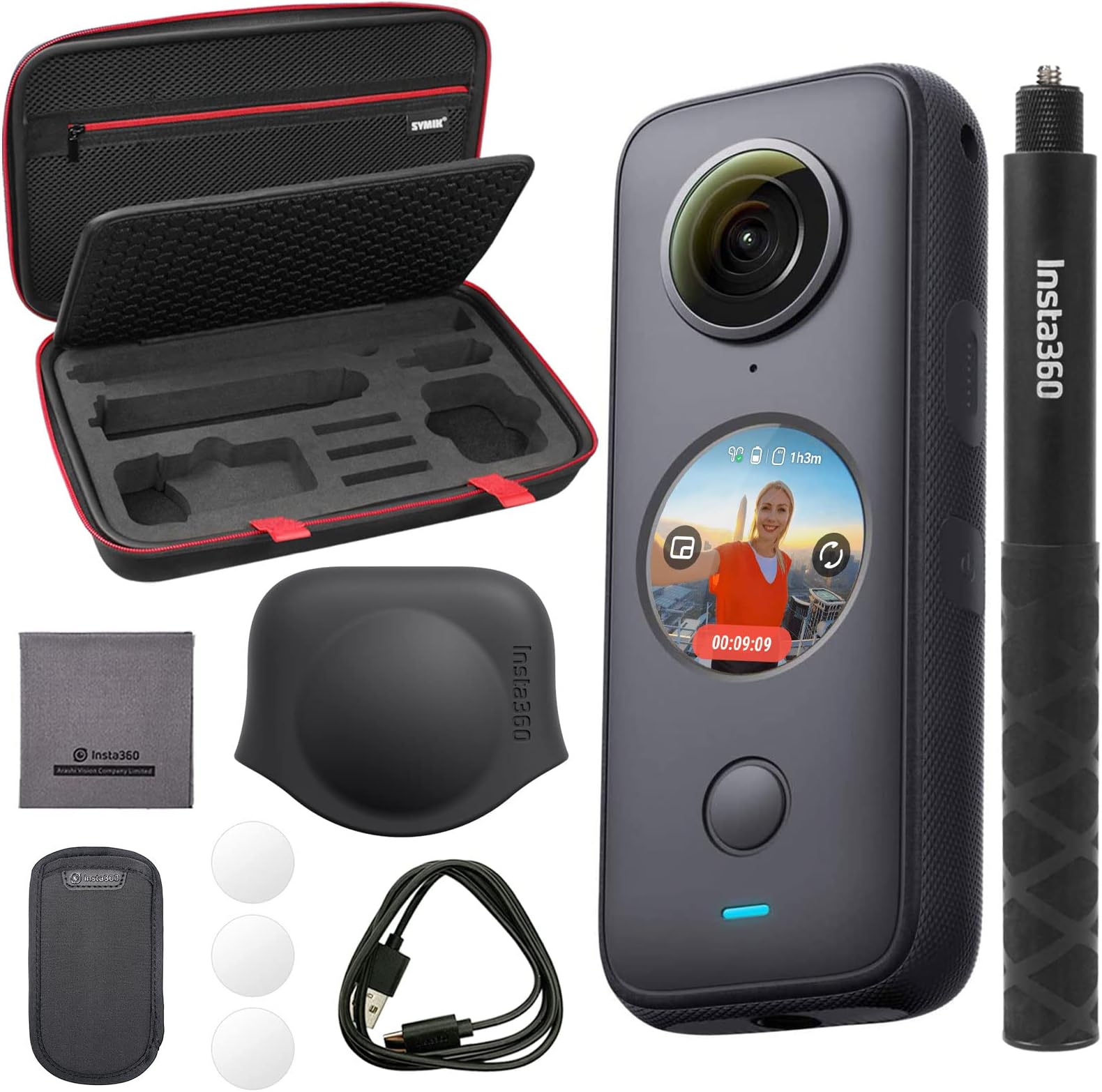 SYMIKInsta360 ONE X2 360 Degree Waterproof Action Camera Bundle with Invisible Selfie Stick, Carrying Case, and Tempered Glass Screen Protectors