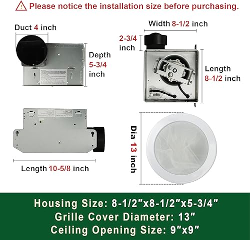 Miniatura 6 de Akicon - Ventilador de baño ultra silencioso de extracción con luz LED 80 CFM, 2.0 sones, ventilación redonda para baño con cubierta de vidrio
