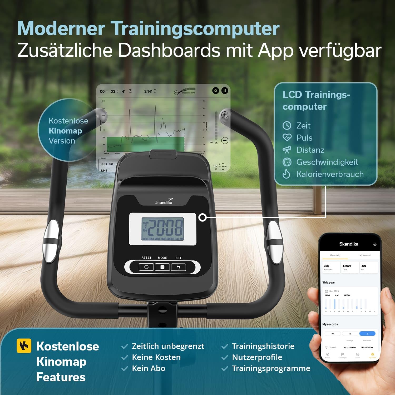 Skandika Cykling P8-HM rower treningowy, 14 poziomów oporu, kompatybilny z aplikacją Kinomap, ręczny czujnik tętna, uchwyt na tablet, rower wewnętrzny do 120 kg