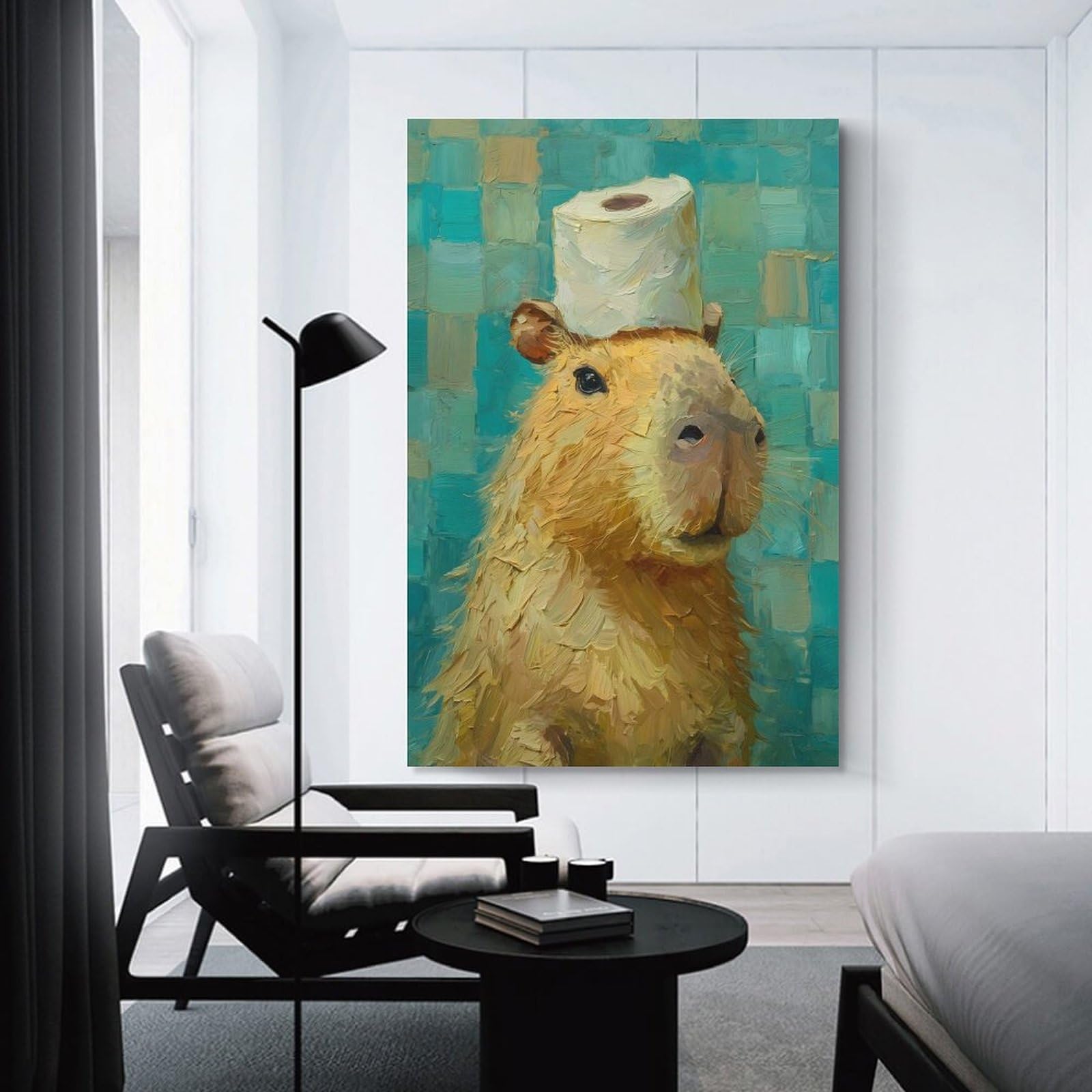 Junmoney Capybara with Toilet Paper Hat Painting Wall Decor Canvas Print, 20x30inch(50x75cm), for Living Room, Lounge Or Sitting Room, Easy Decor for Gallery Walls