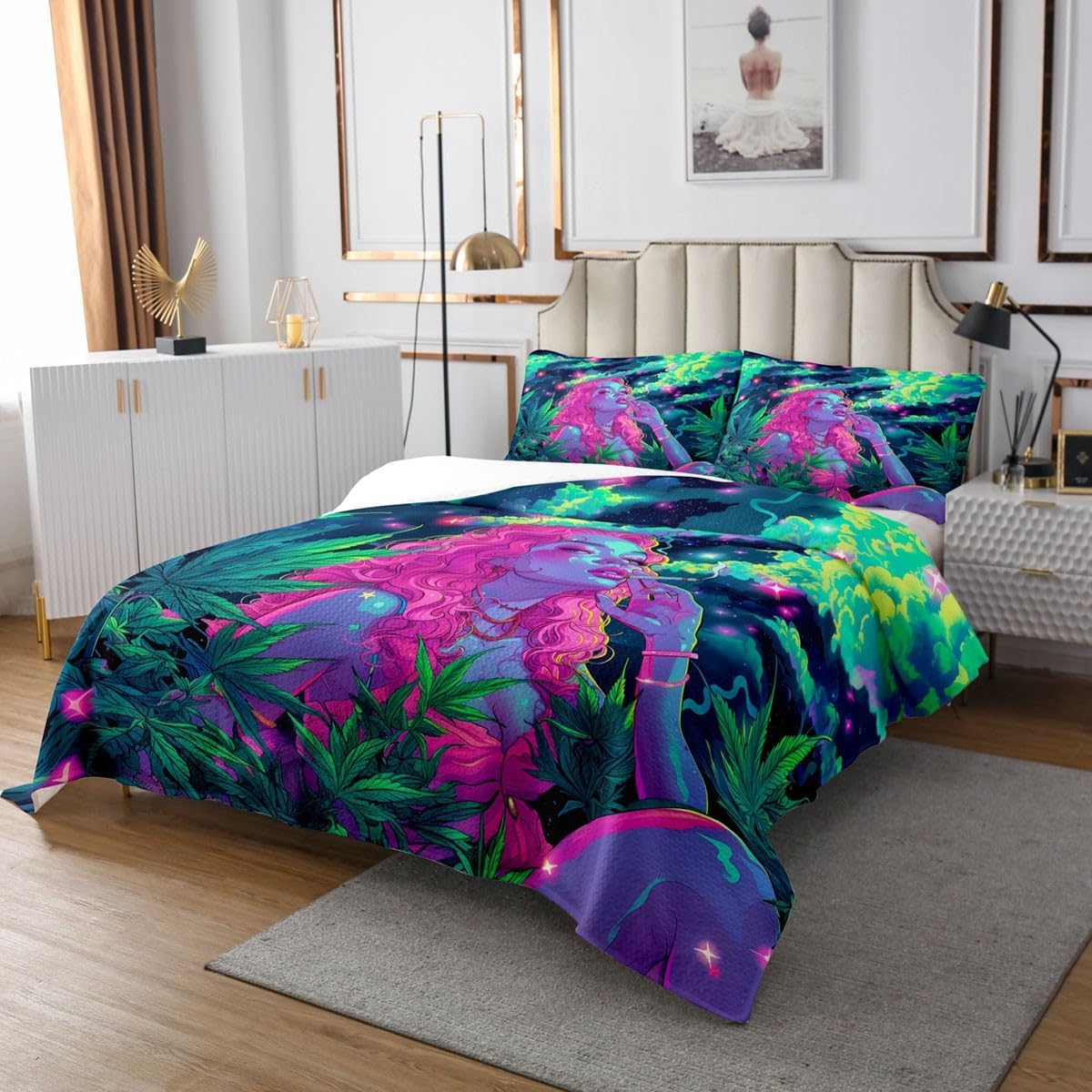 Homewish Smoke Cool Girl Bedspread Twin Size,Trippy Mushroom Bedding Sets 2Pcs for Kids Girls Boys Teens Room Decor,Marijuana Leaf Comforter Set Exotic Hippie Style Quilt Coverlet,1 Pillowcase