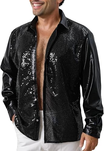 Funny World Mens Disco Shirt Metallic Sequin Long Sleeve Button Down 70s Party Nightclub Christmas Prom Costume