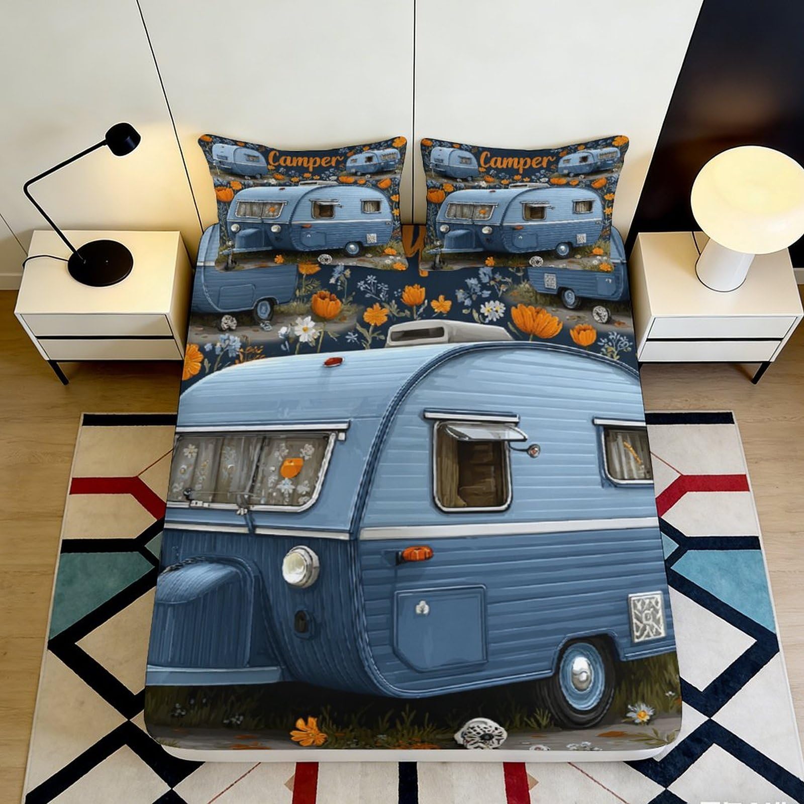 3D Printed Blue Caravan Fitted Sheet Microfiber Camper Adventure Mattress Cover for Bedroom Guest Room Home Decor 90x200x25cm